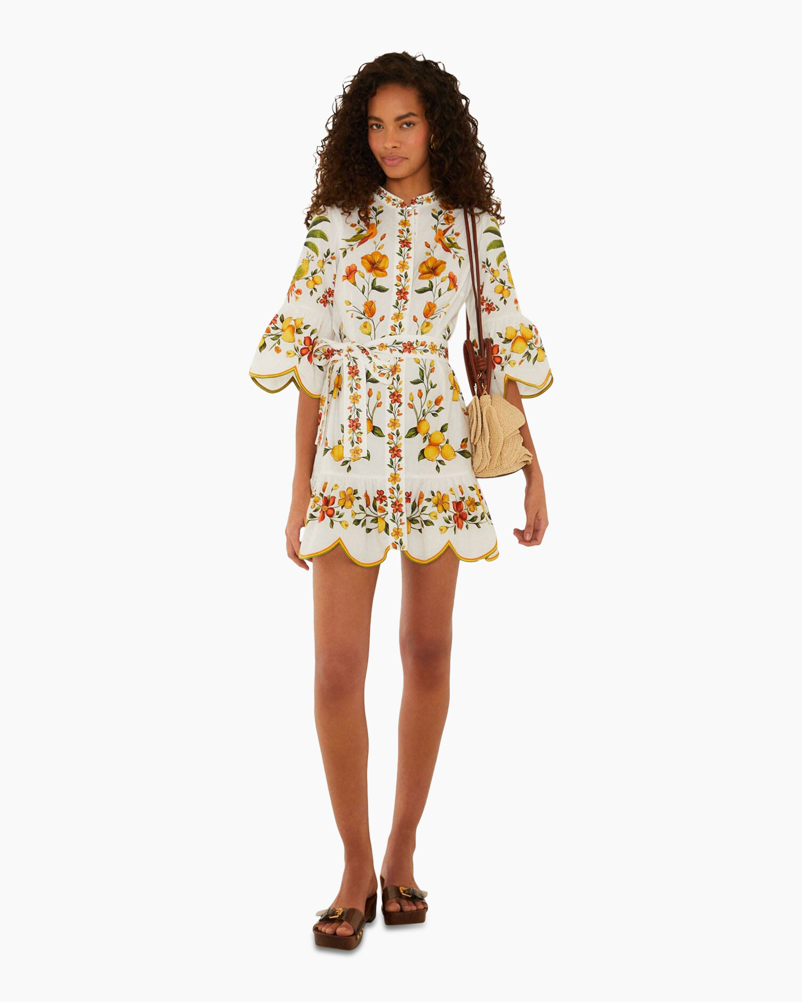 dress, floral print, short dress, tie waist, pom pom hem