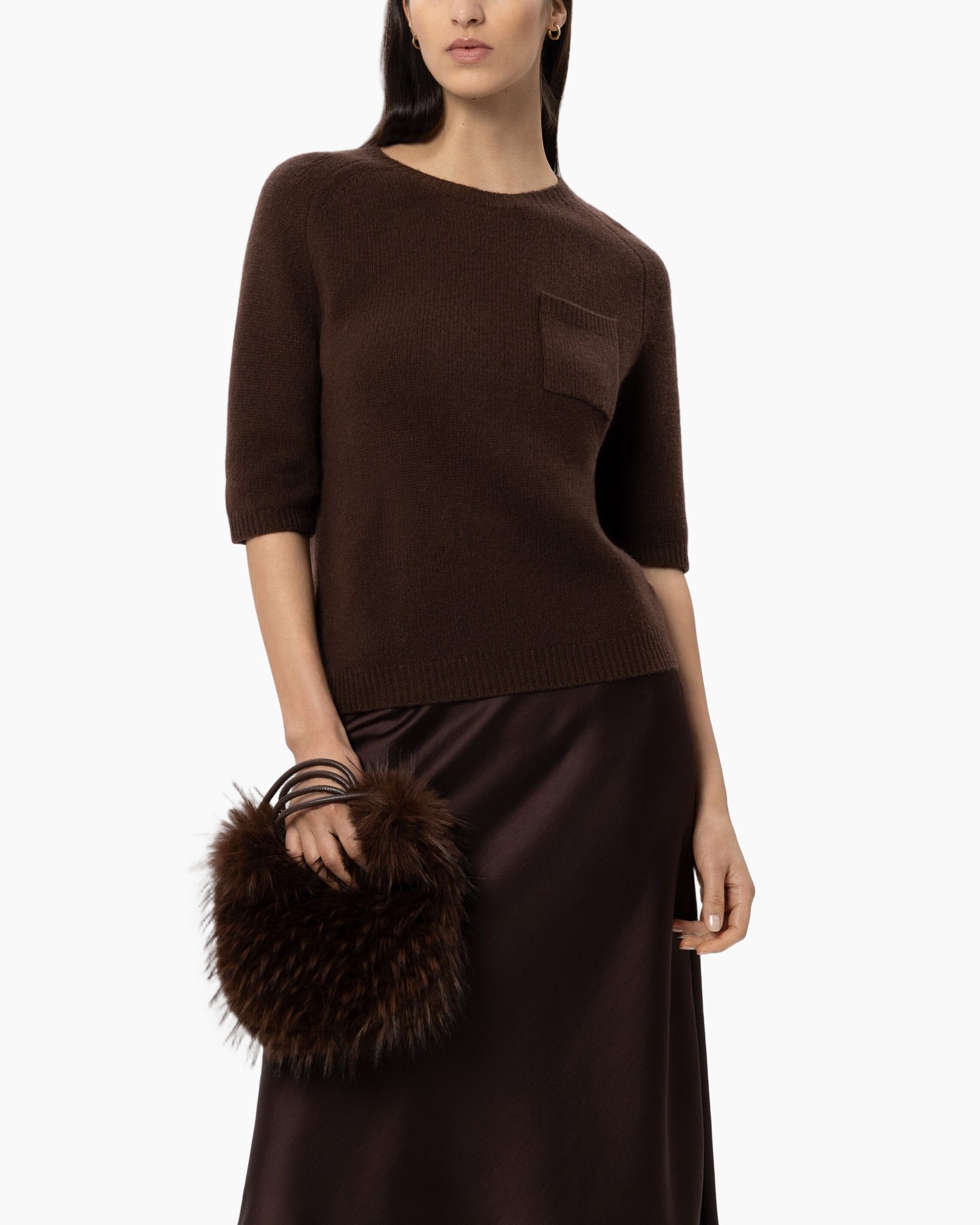 brown sweater, knit sweater, short sleeve, pocket detail, brown handbag