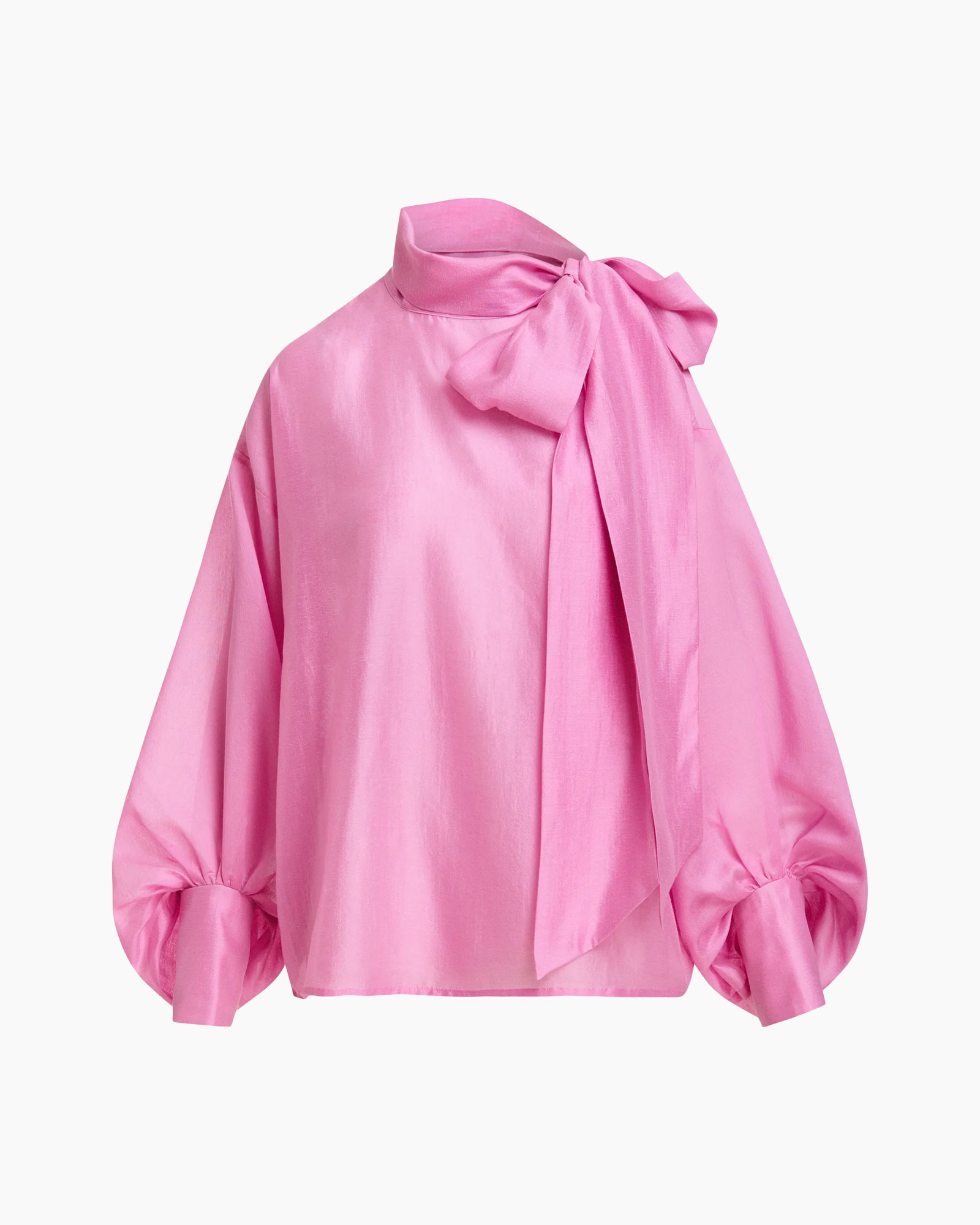 blouse, pink, tie-neck, puff-sleeve, silk-satin