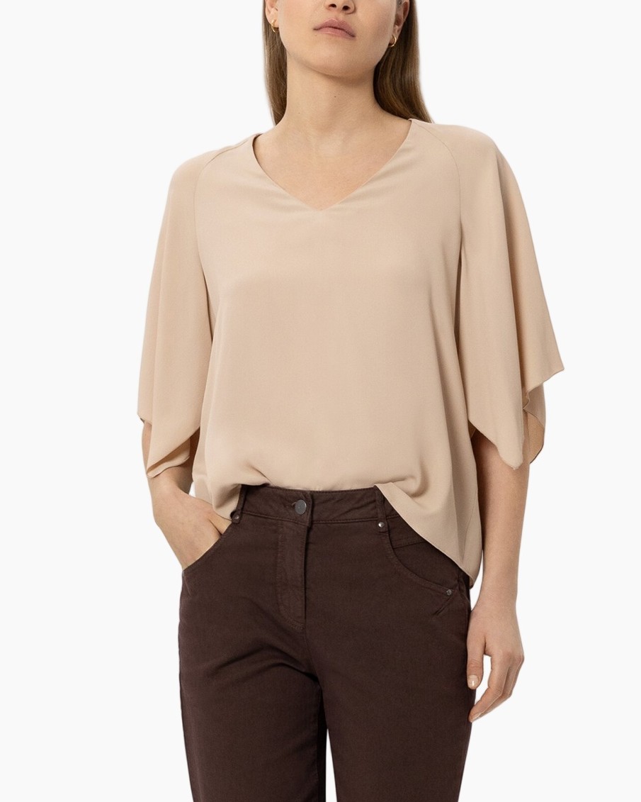 blouse, peasant sleeve, v-neck, beige, long sleeve