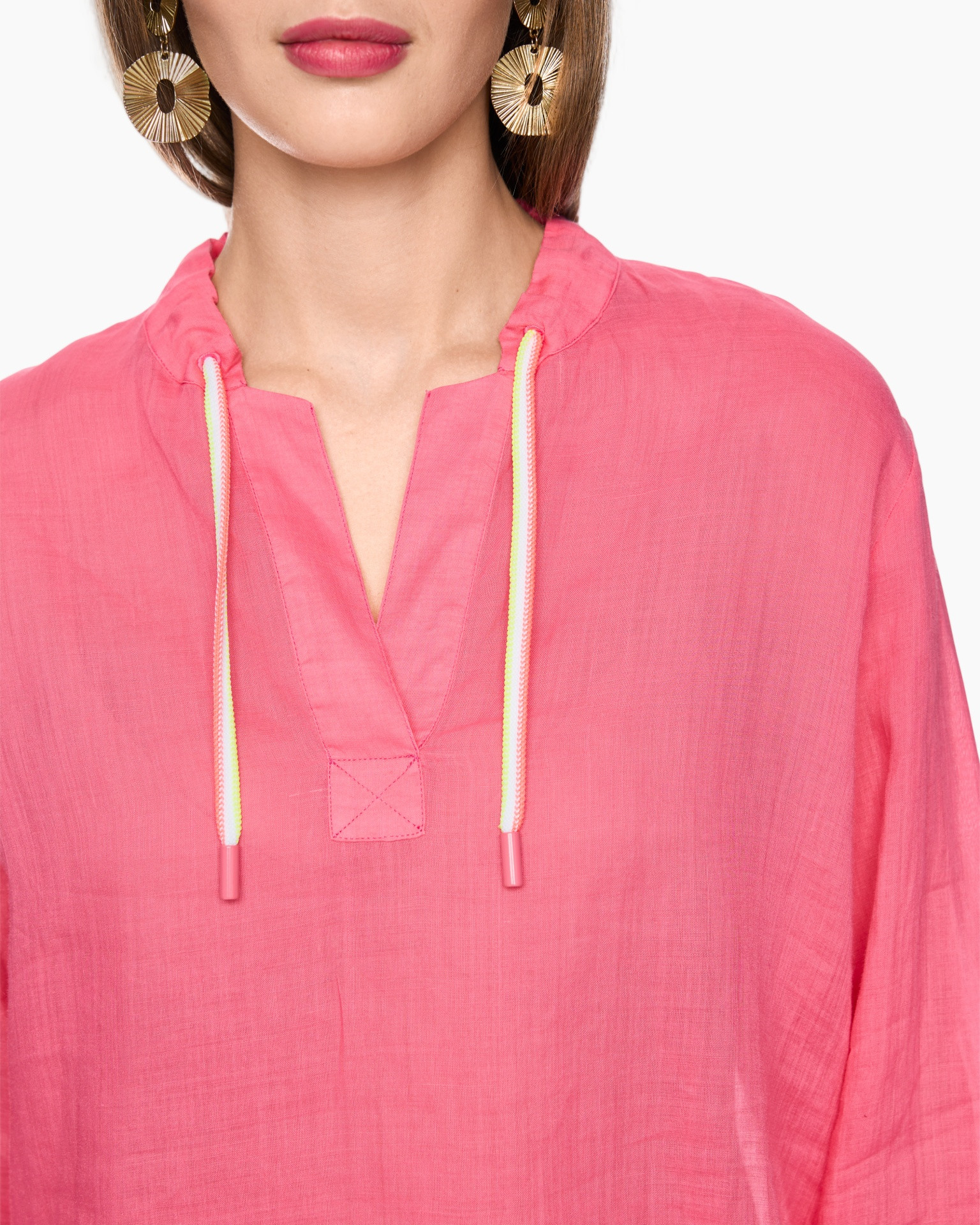 pink, hoodie, drawstrings, linen, collarless