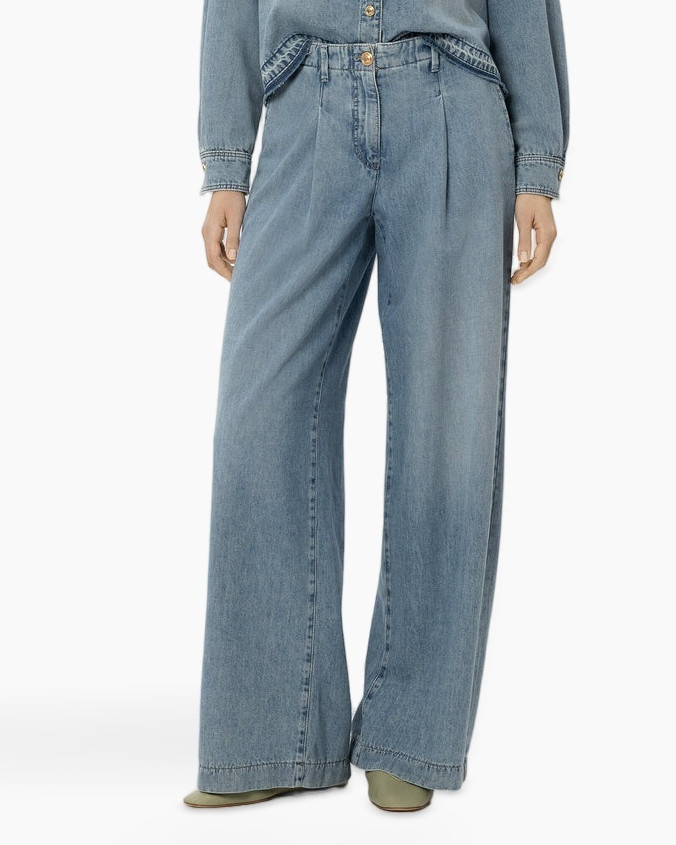 denim pants, wide leg, high waist, five-pocket, stonewashed