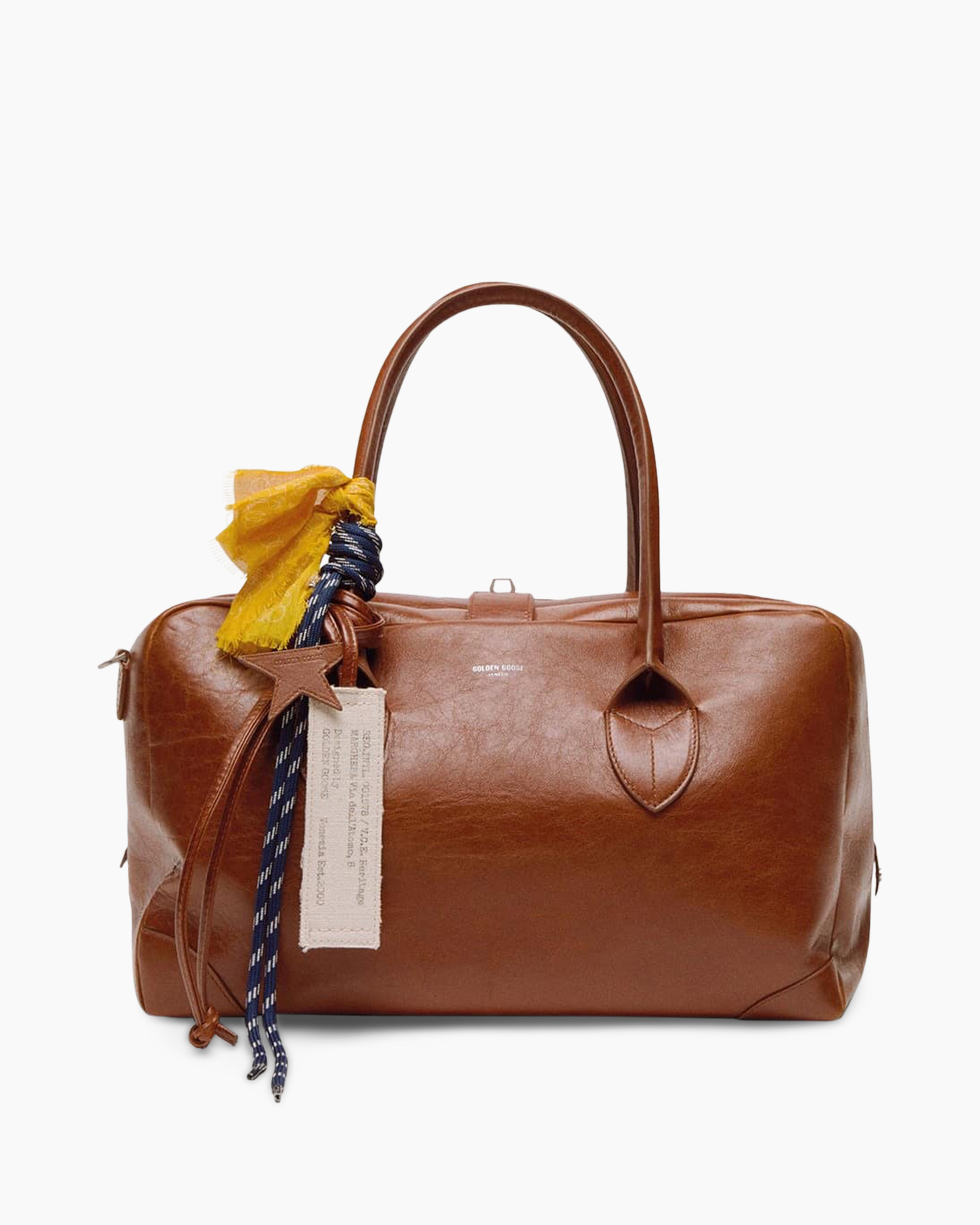handbag, brown leather, top handle, zip closure, decorative scarf