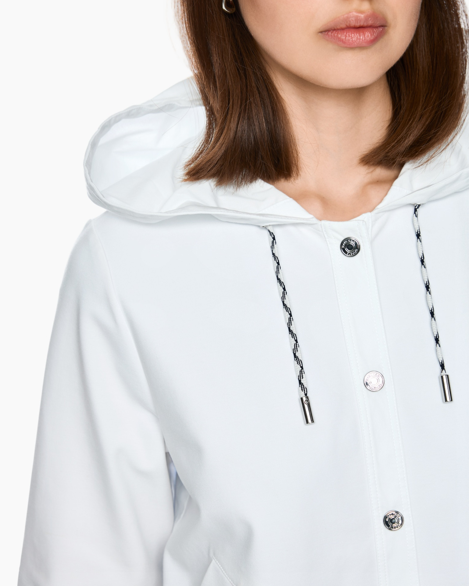 hooded, white jacket, drawstring, metal buttons, long-sleeve