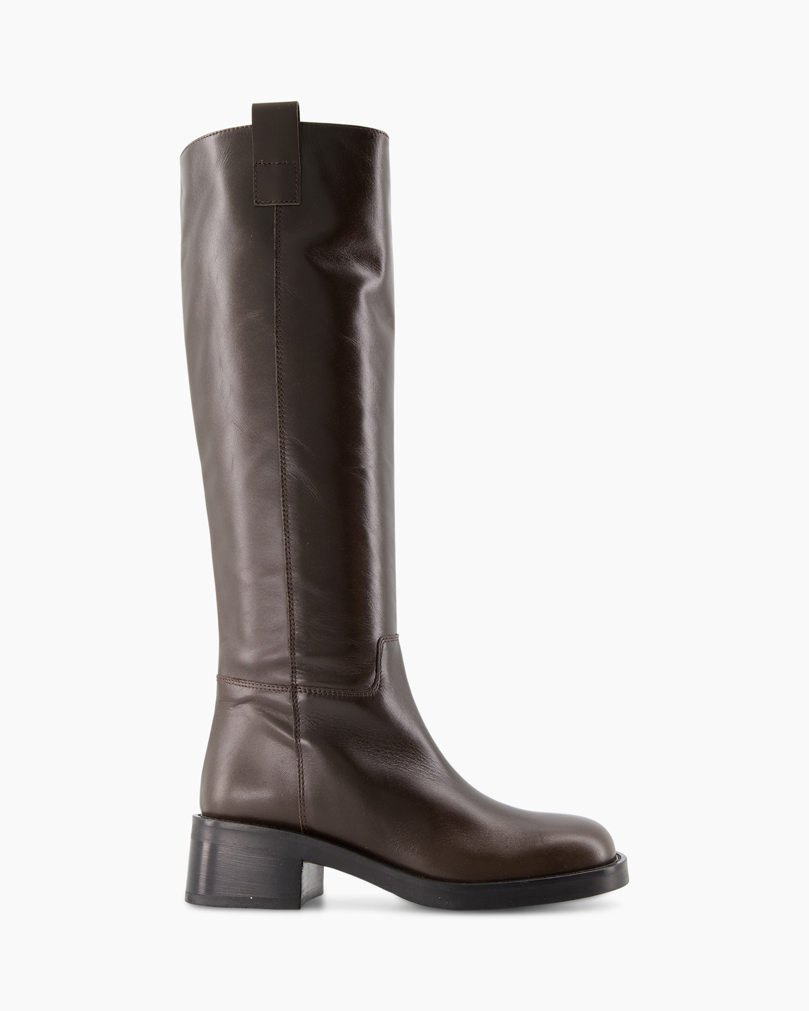knee-high boot, brown leather, mid heel, boots, slim shaft