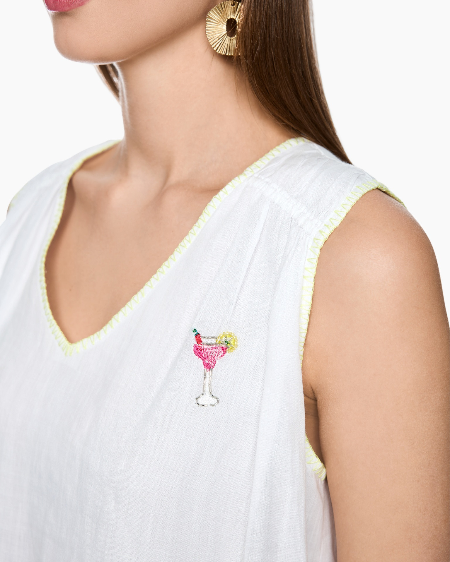white top, embroidery, cocktail glass, sleeveless, yellow trim
