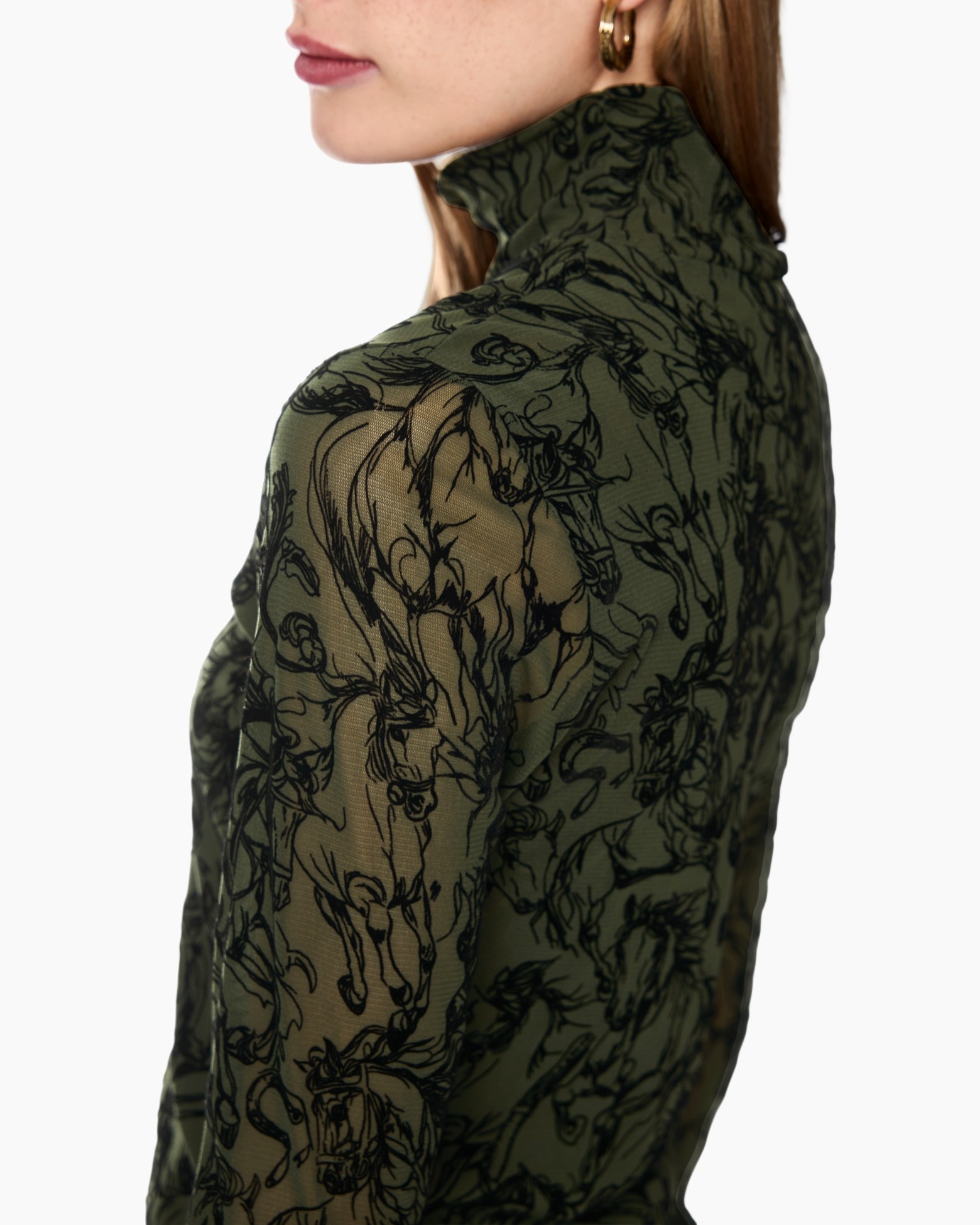 turtleneck, mesh top, olive green, floral pattern, long sleeve