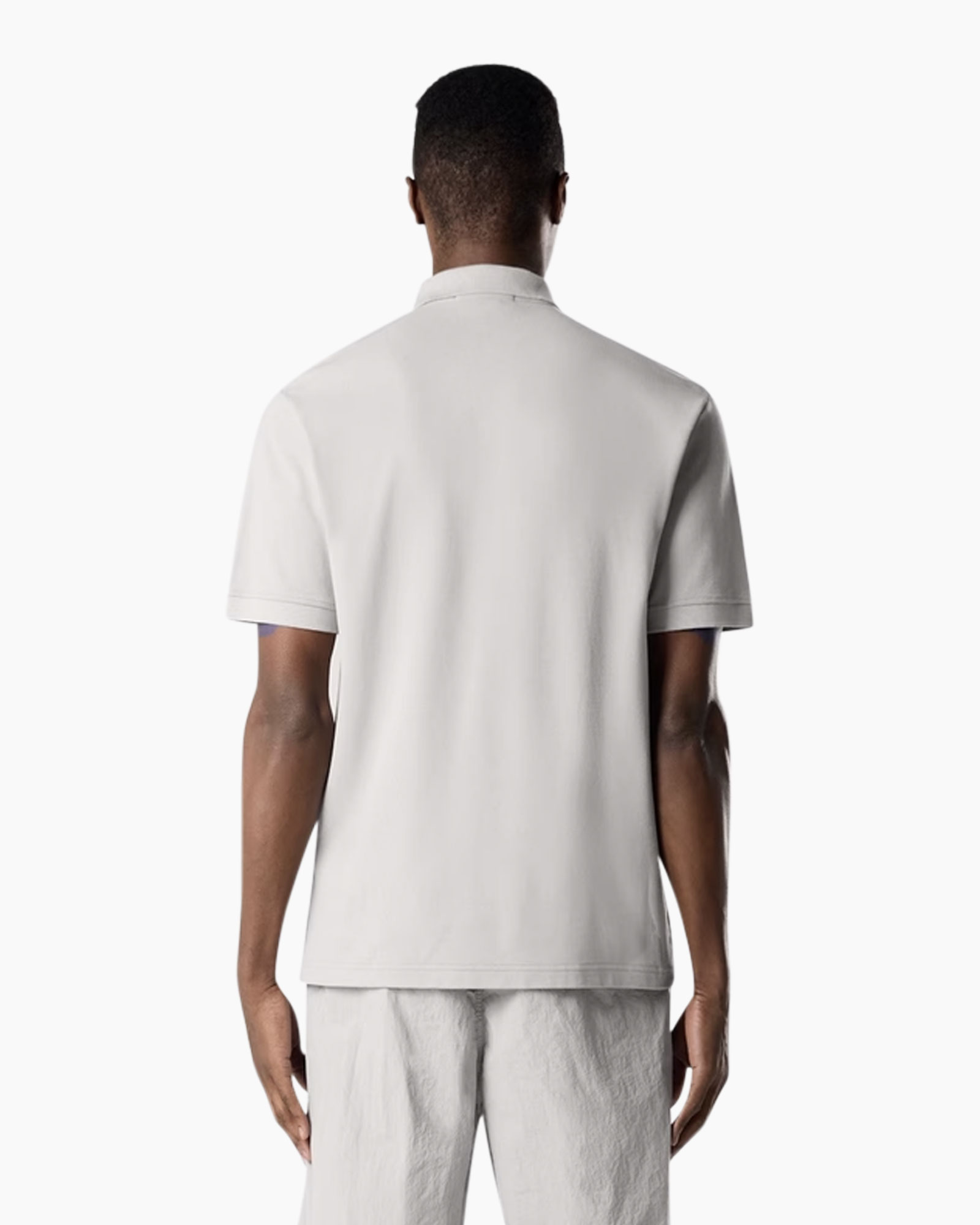 polo shirt, short sleeve, plain, light gray, back view