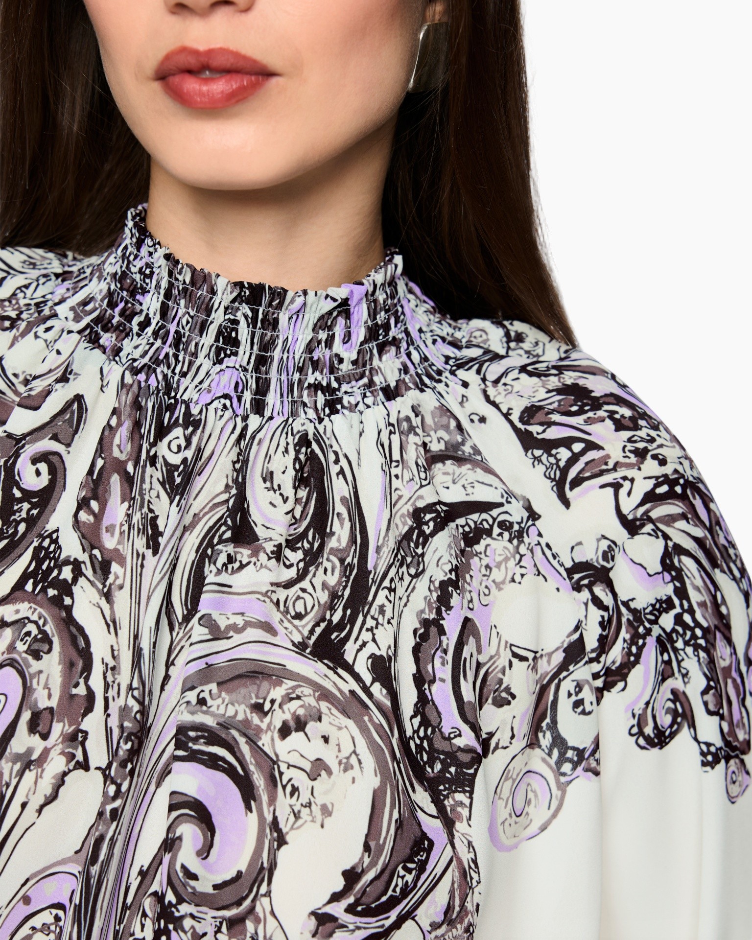 high-neck, smocked, paisley, blouse, purple-gray