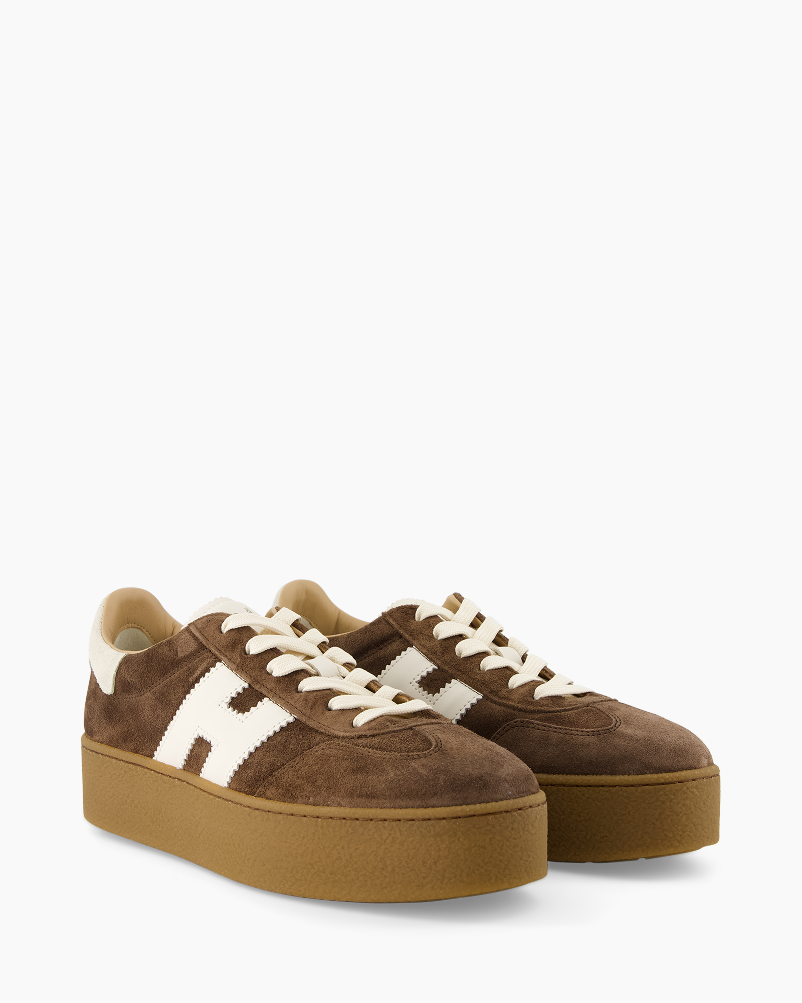 brown suede, platform sole, white sole, lace-up, athletic sneaker