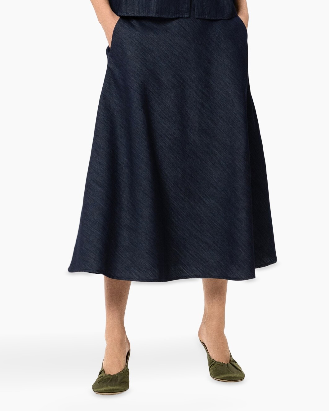 skirt, mid-length, navy, linen blend, slip-on flats