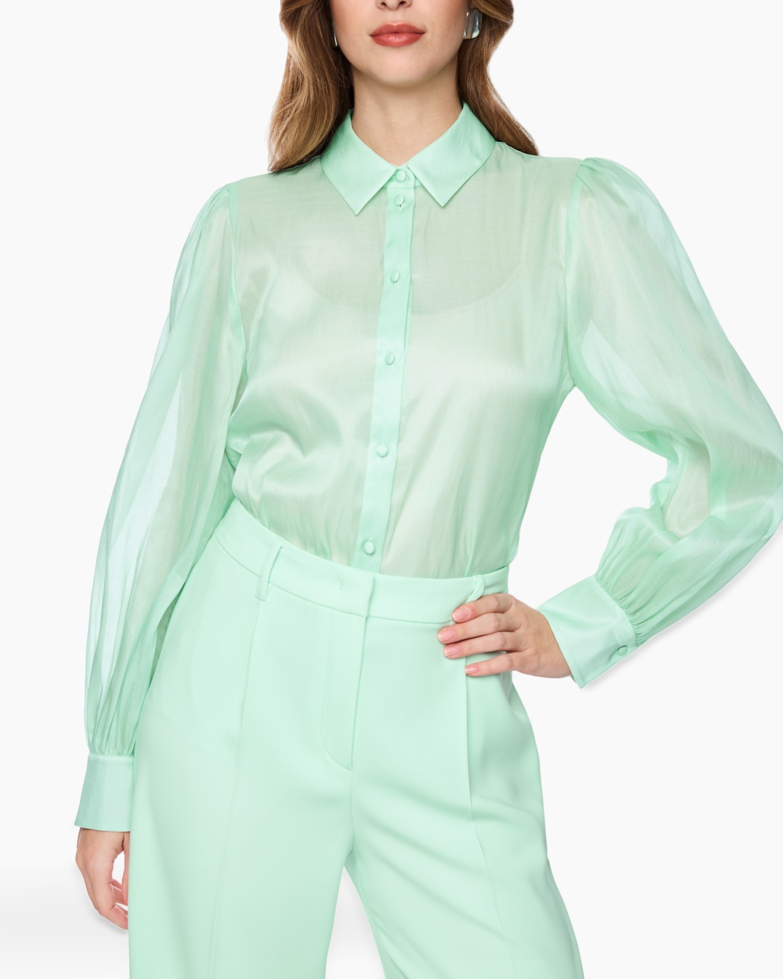 shirt, blouse, mint, collar, puffed-sleeve