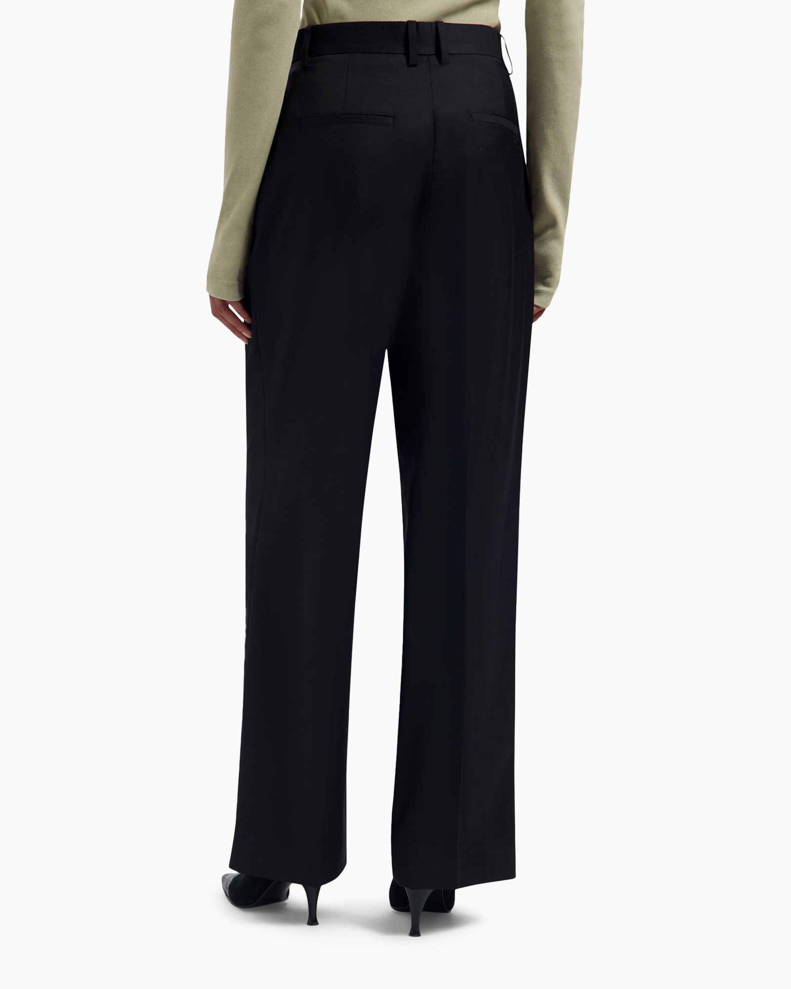 trousers, black, wide-leg, pleated, high-waisted