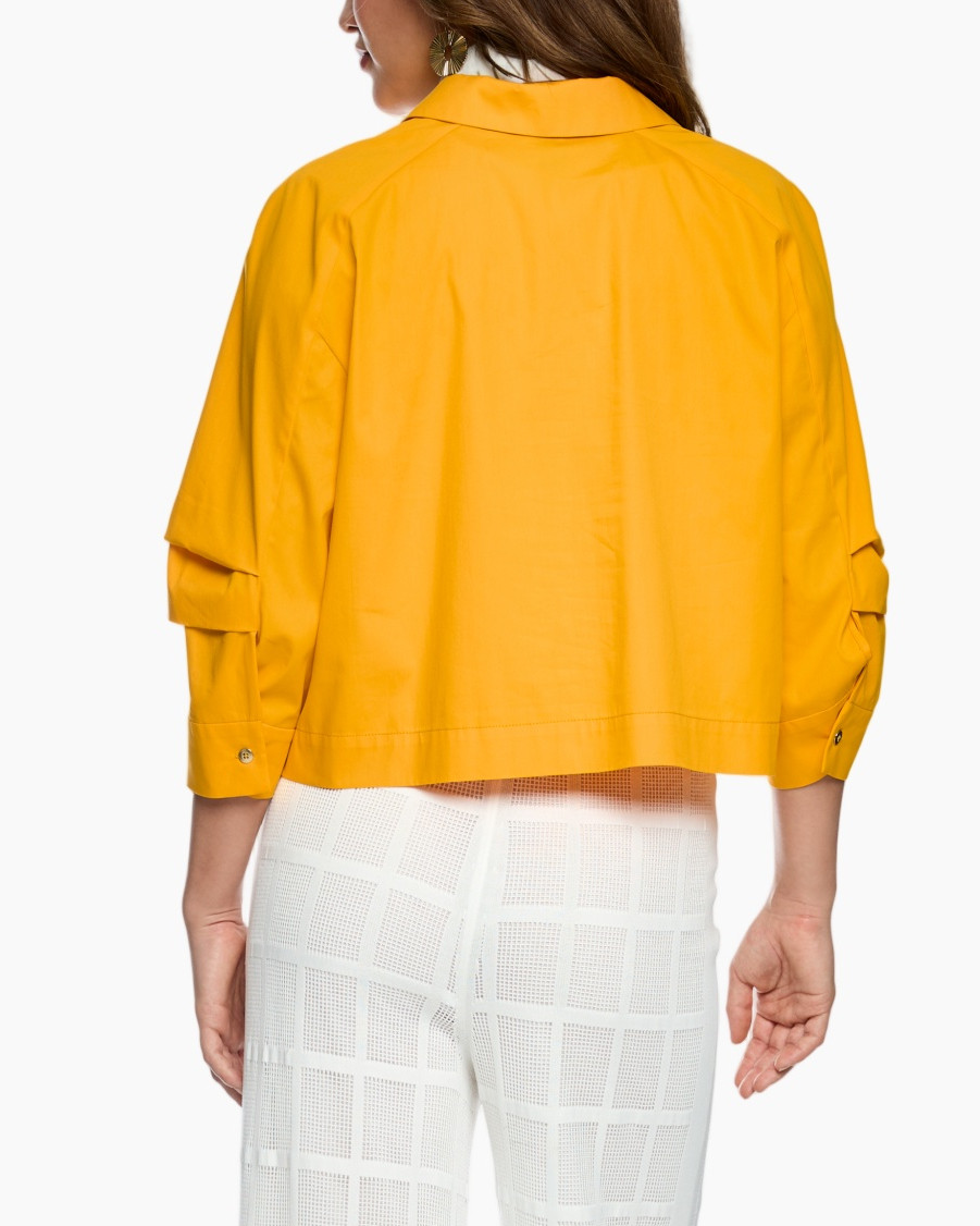 yellow jacket, cardigan, scarf, white check pants, v-neck top