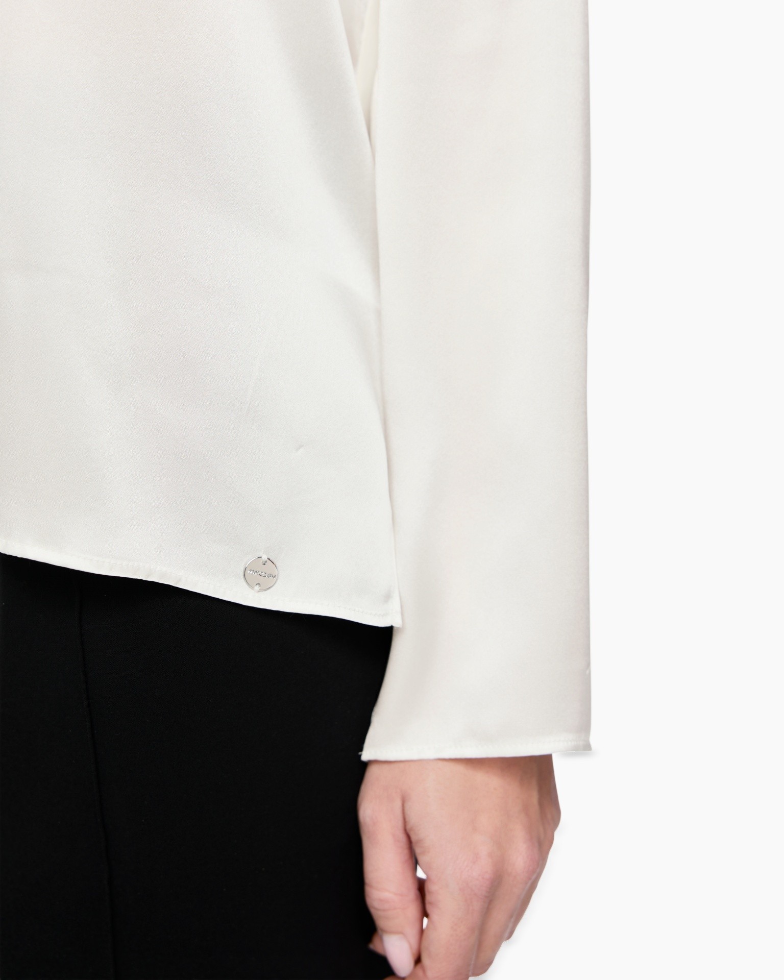 blouse, white, long sleeve, hem detail, button