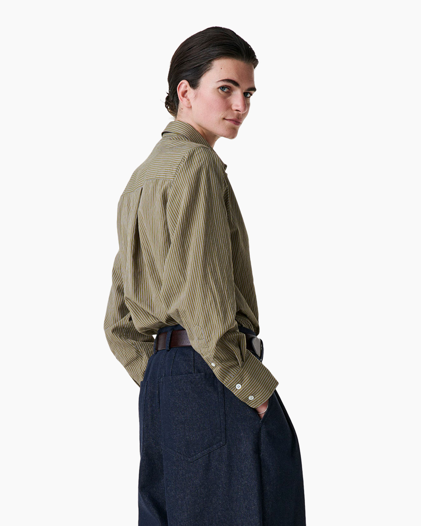 striped shirt, long sleeve, buttoned cuffs, collared shirt, khaki color