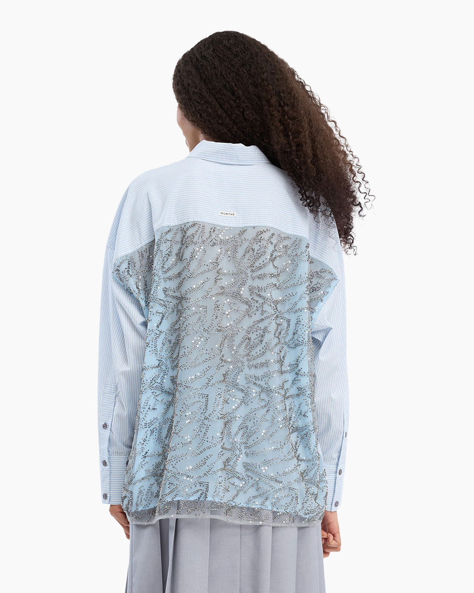 shirt, blue striped, collared, button-down, pocketless?