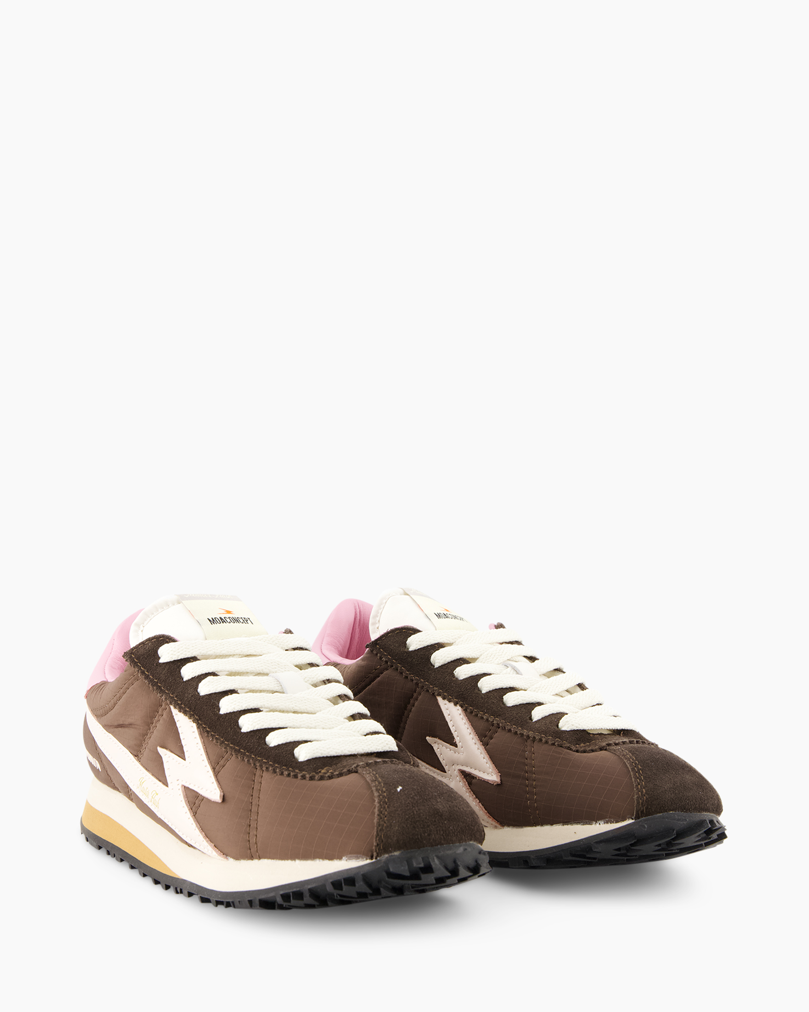 running shoes, brown sneakers, white laces, trail sole, textured fabric