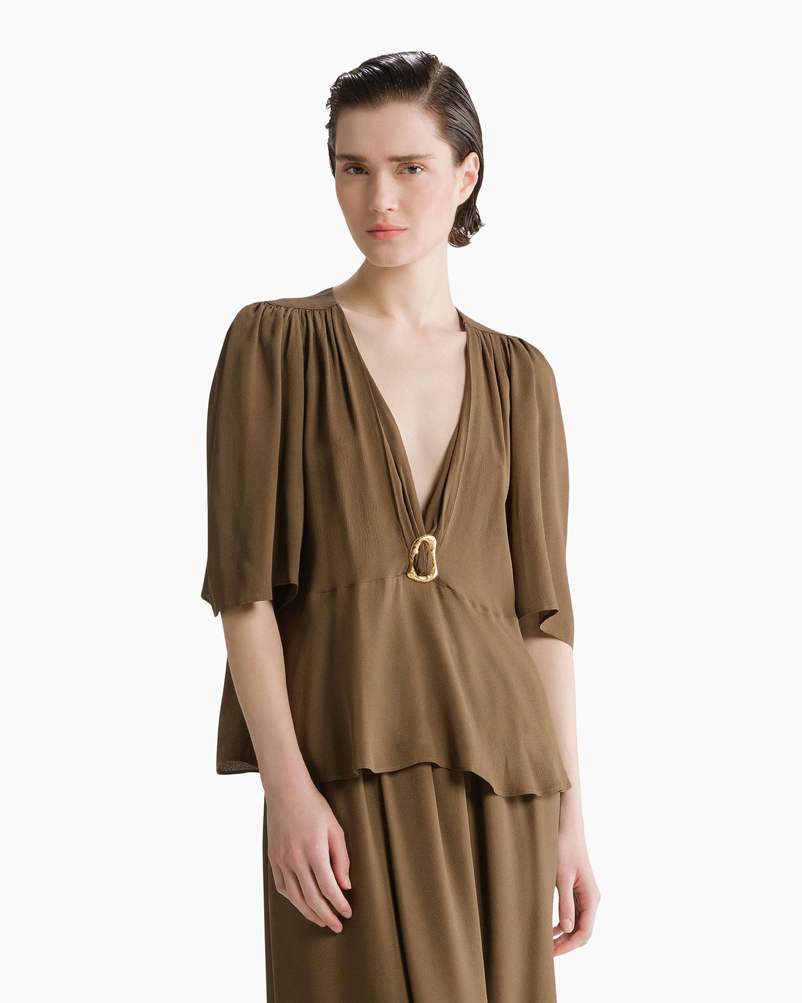 maxi, brown, wrap-top, deep-v, belt-clasp