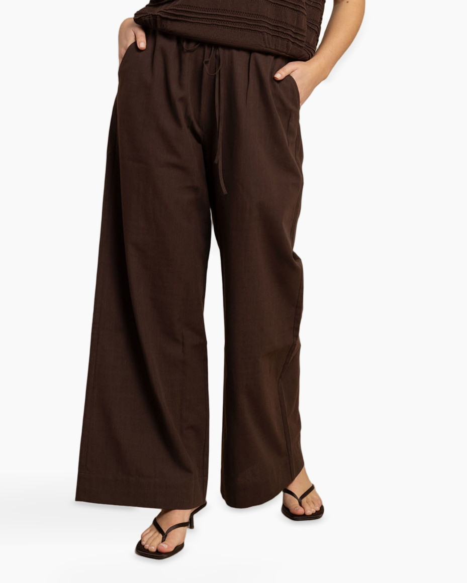 pants, wide-leg, drawstring, brown, linen?