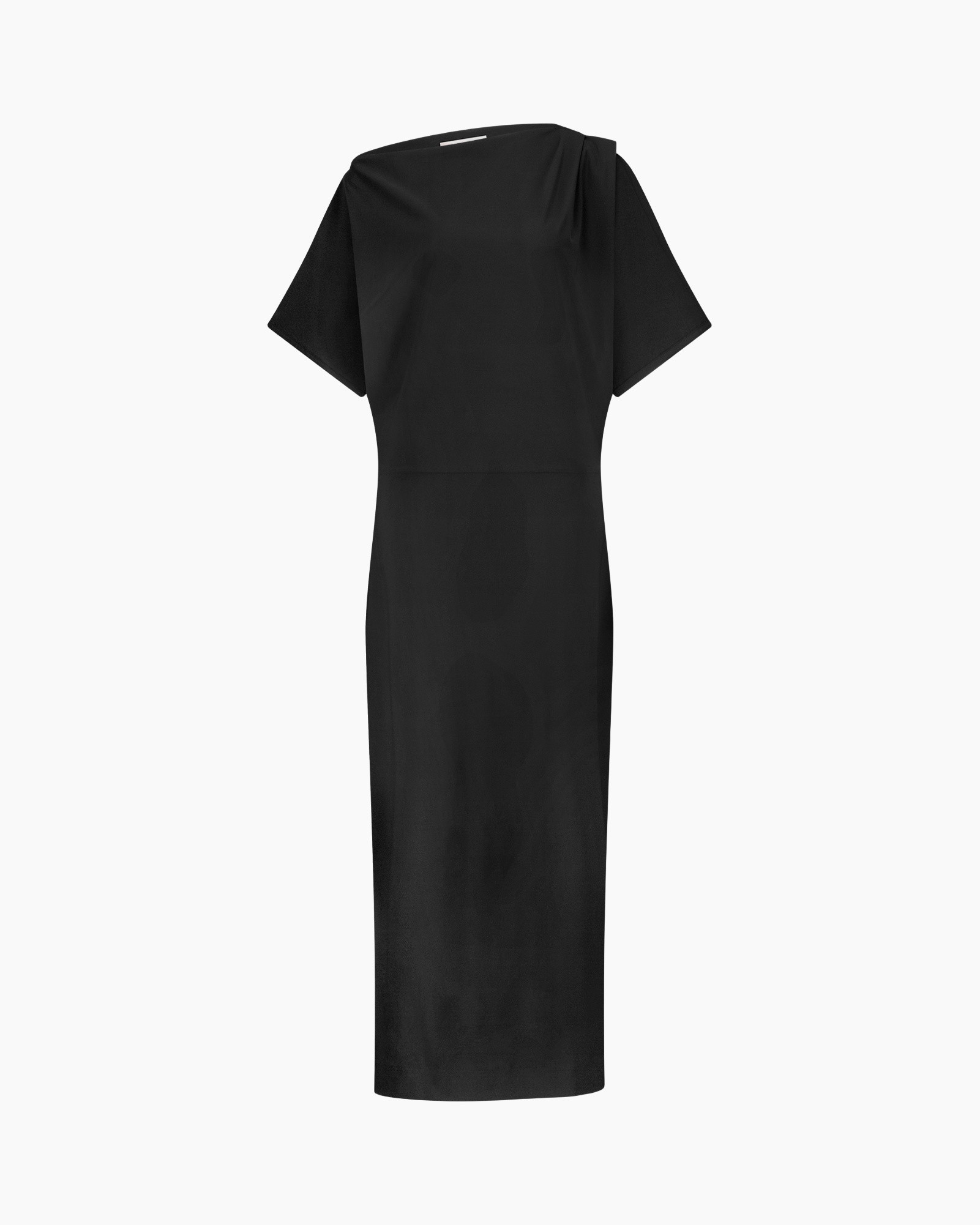 black dress, midi dress, short sleeves, knit? fabric, solid color