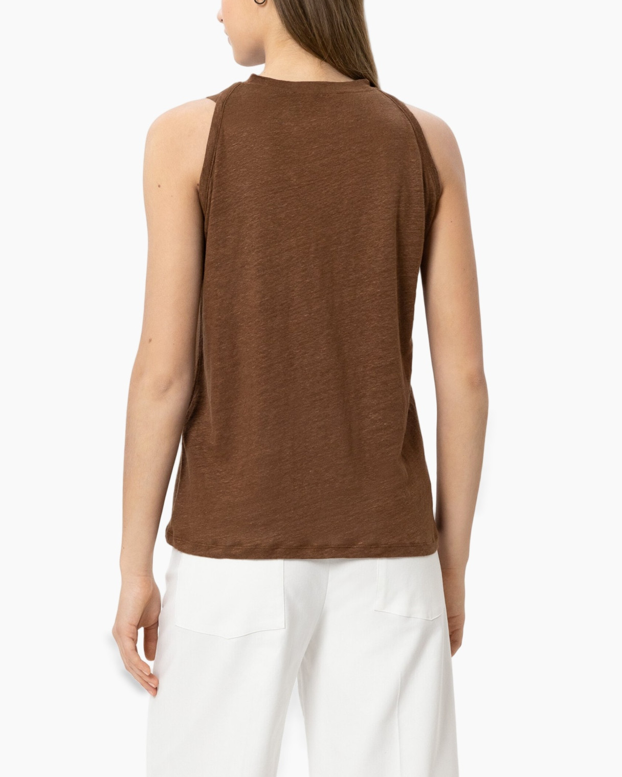brown top, ruffle detail, sleeveless blouse, knotted front, soft knit