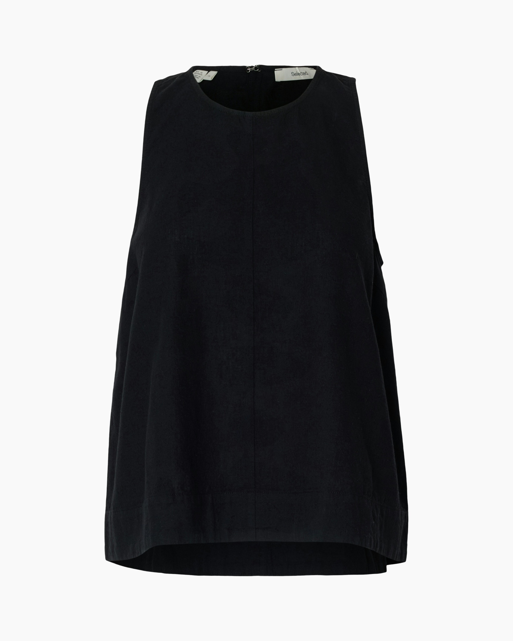 tank top, black, sleeveless, no collar, plain