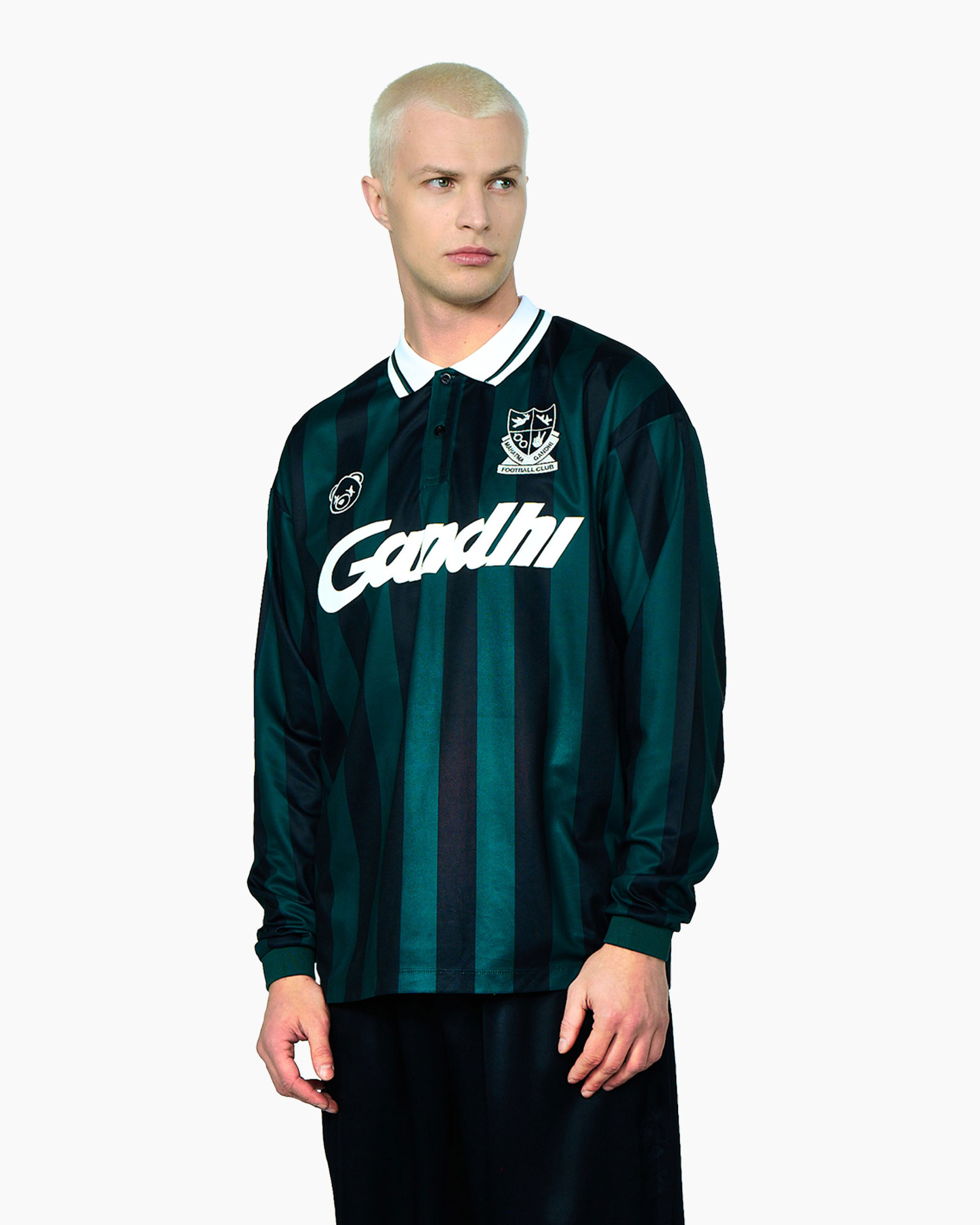 soccer jersey, striped jersey, long sleeves, green black, logo patch