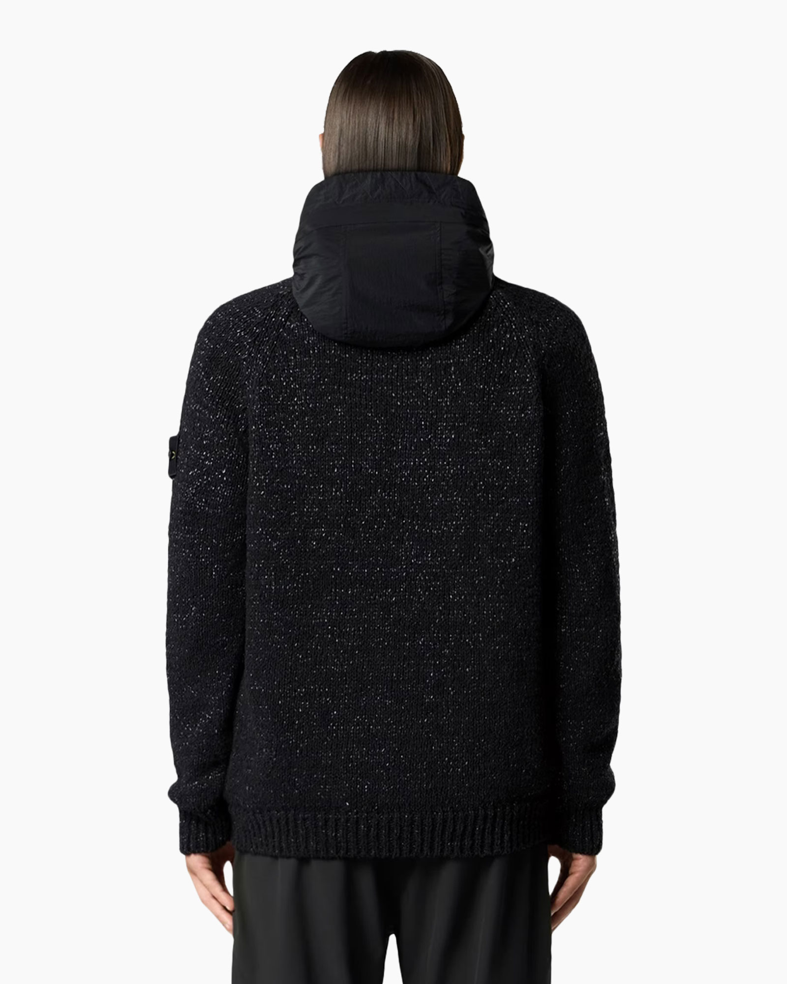hooded sweater,  black knit,  speckled knit,  long-sleeve,  oversized fit
