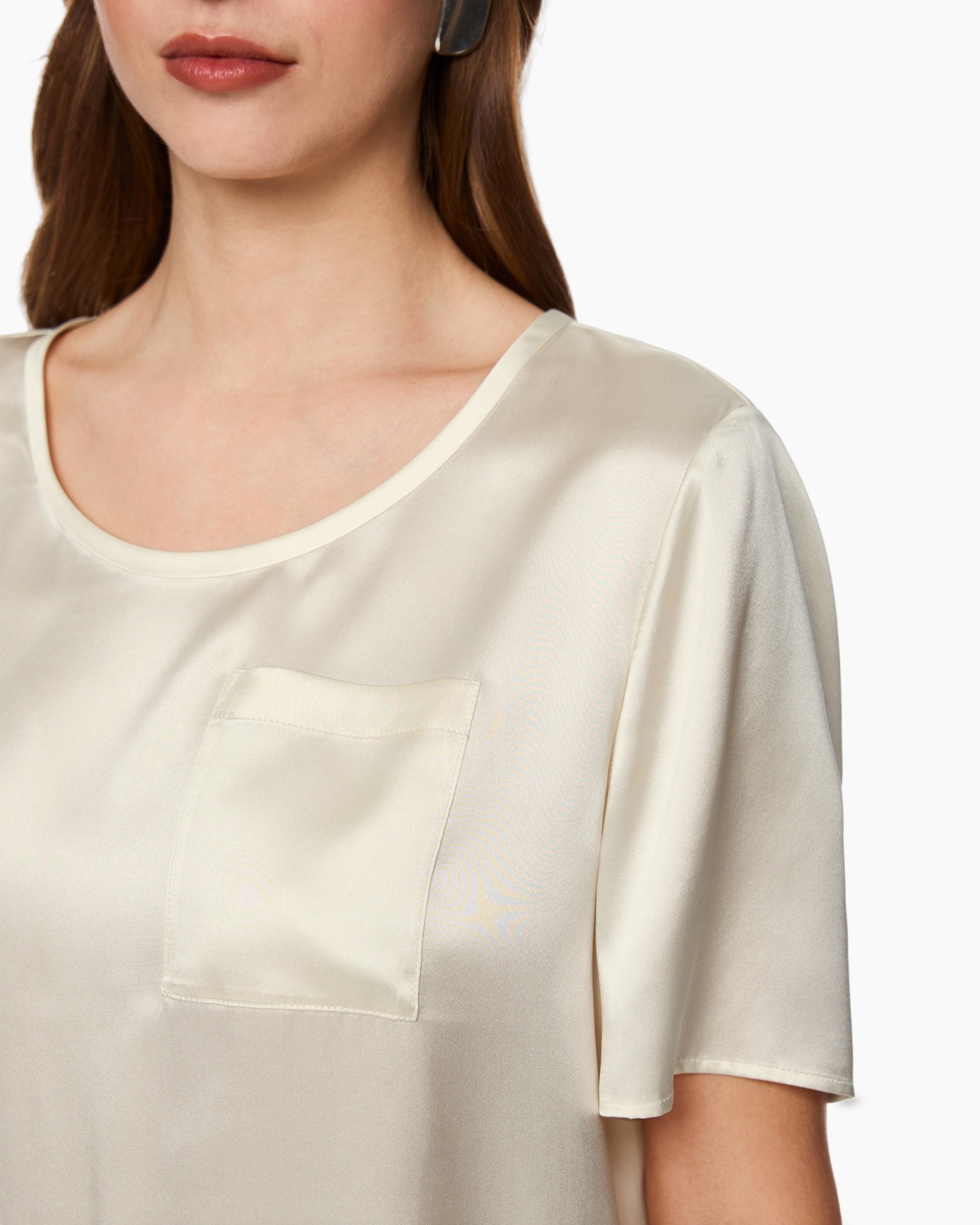 silk, blouse, short-sleeve, pocket, cream