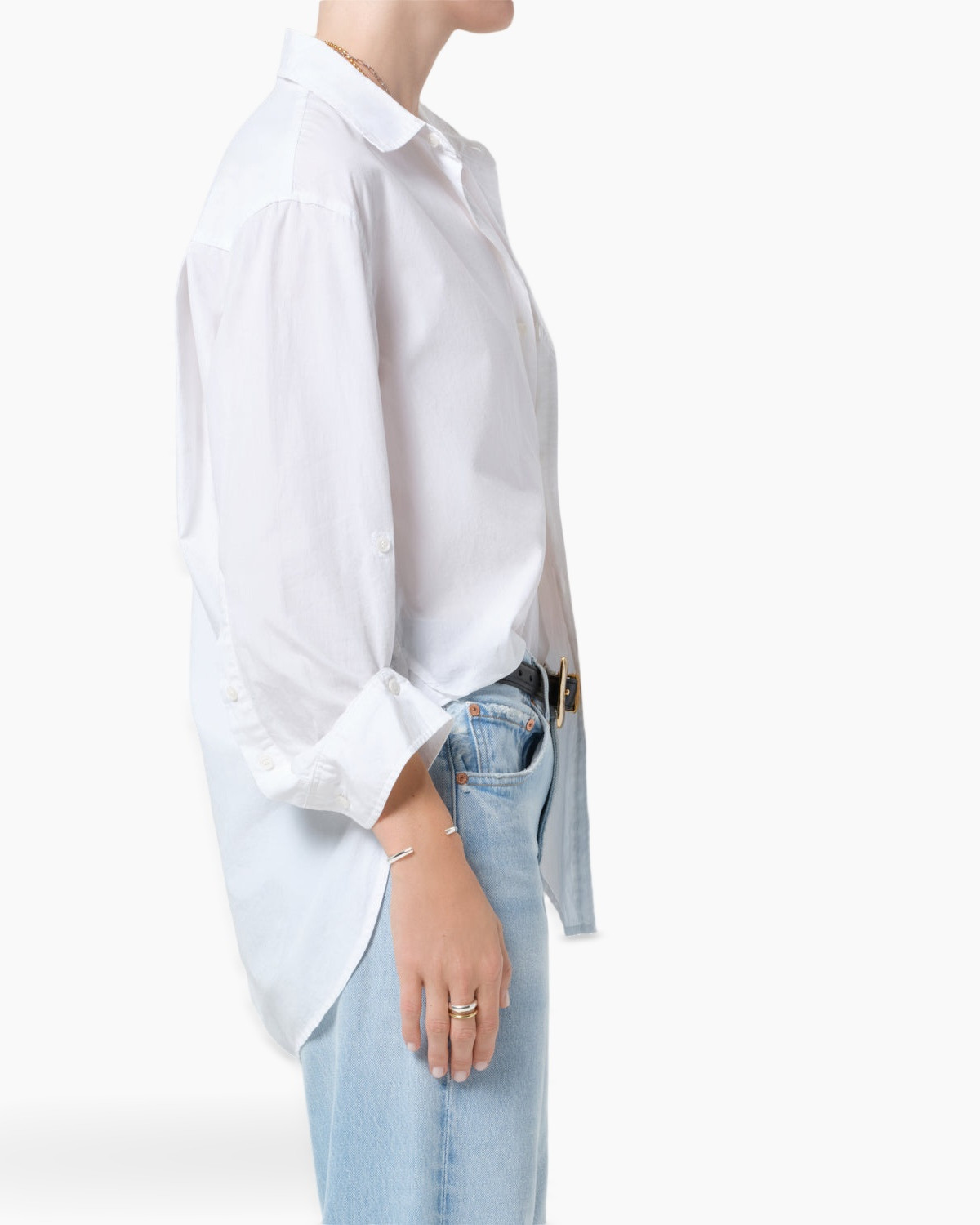 white shirt, button-down, collared shirt, long sleeves, casual top