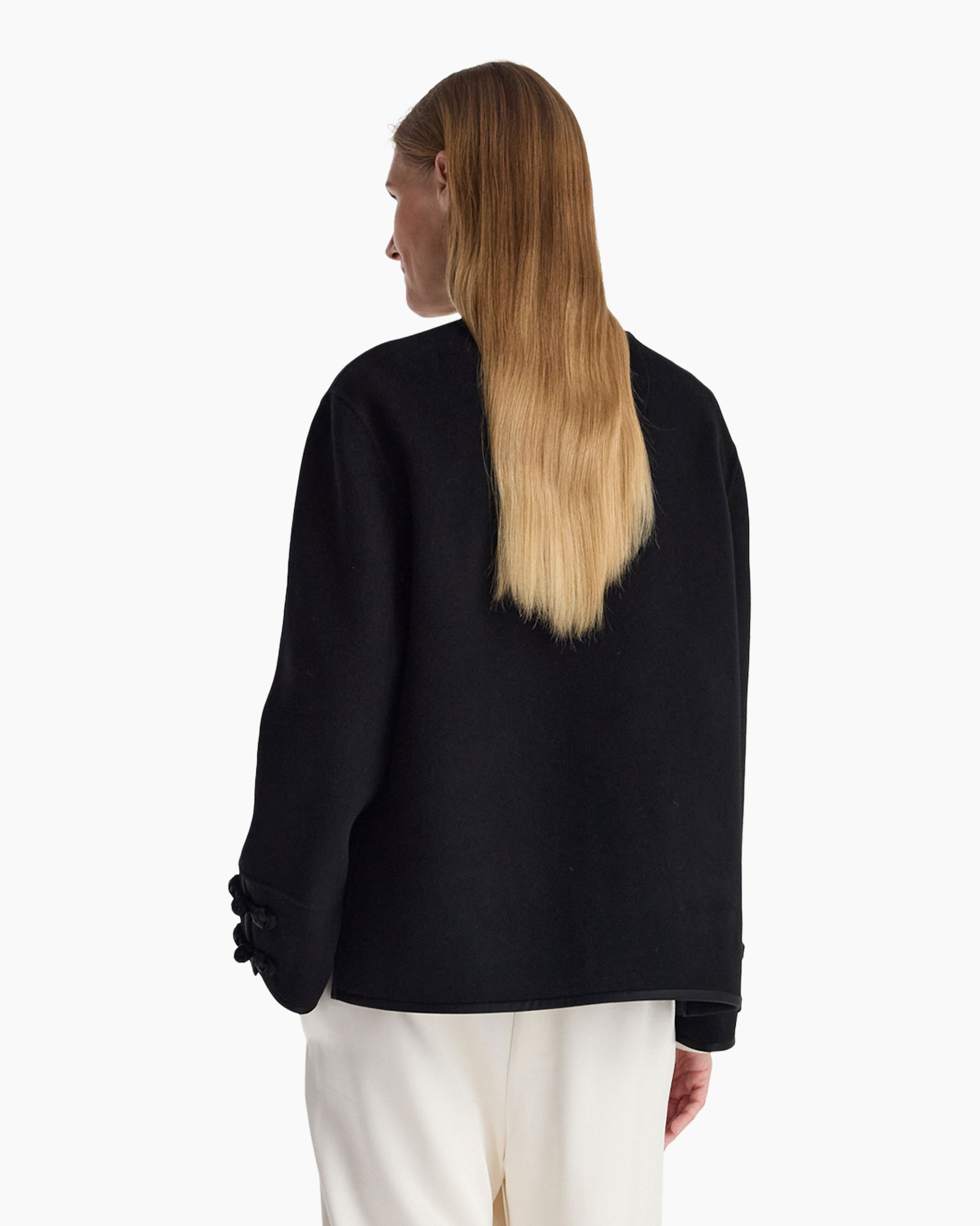 coat, black, open front, knotted closure, long sleeves