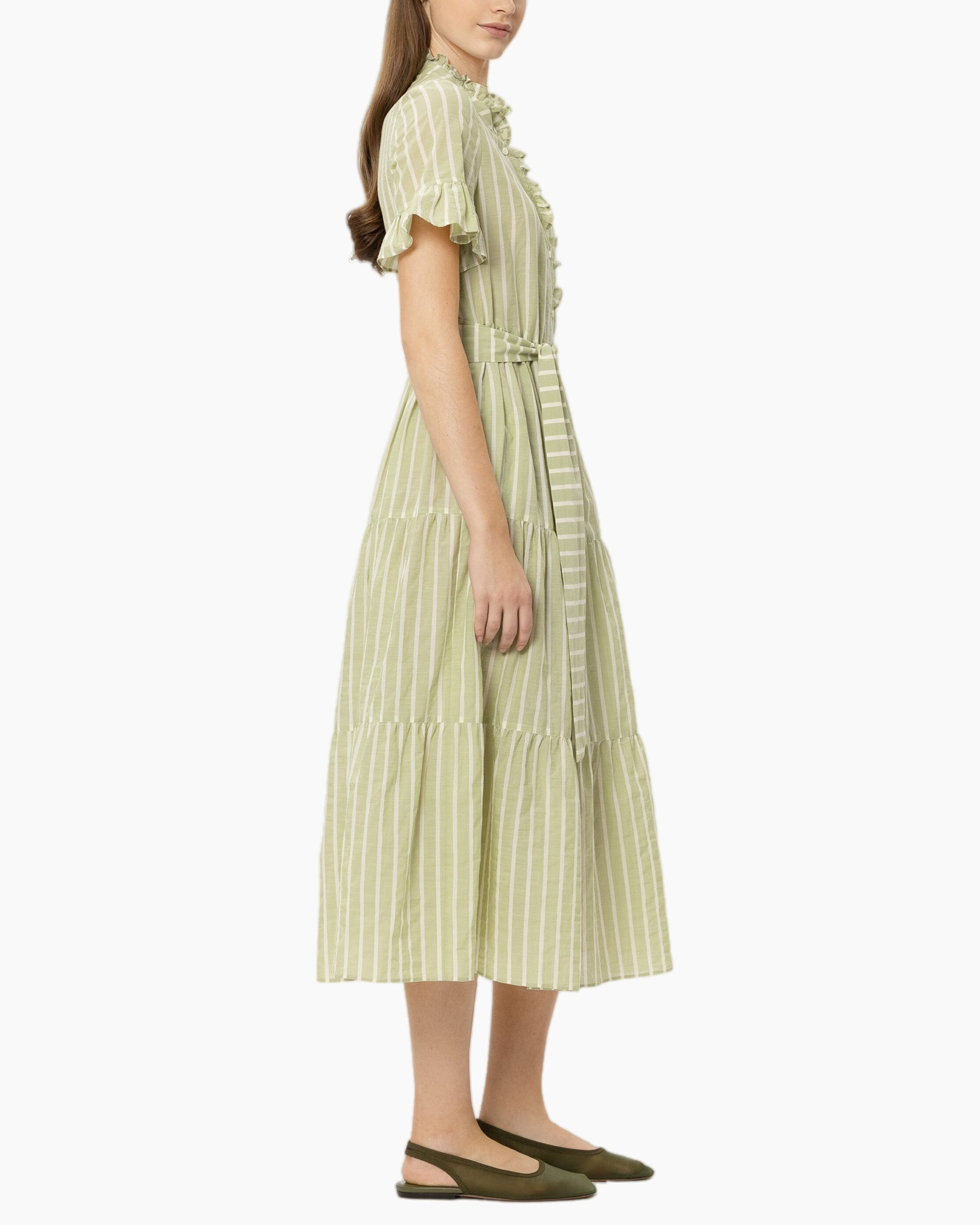 dress, green, striped, linen, mid length