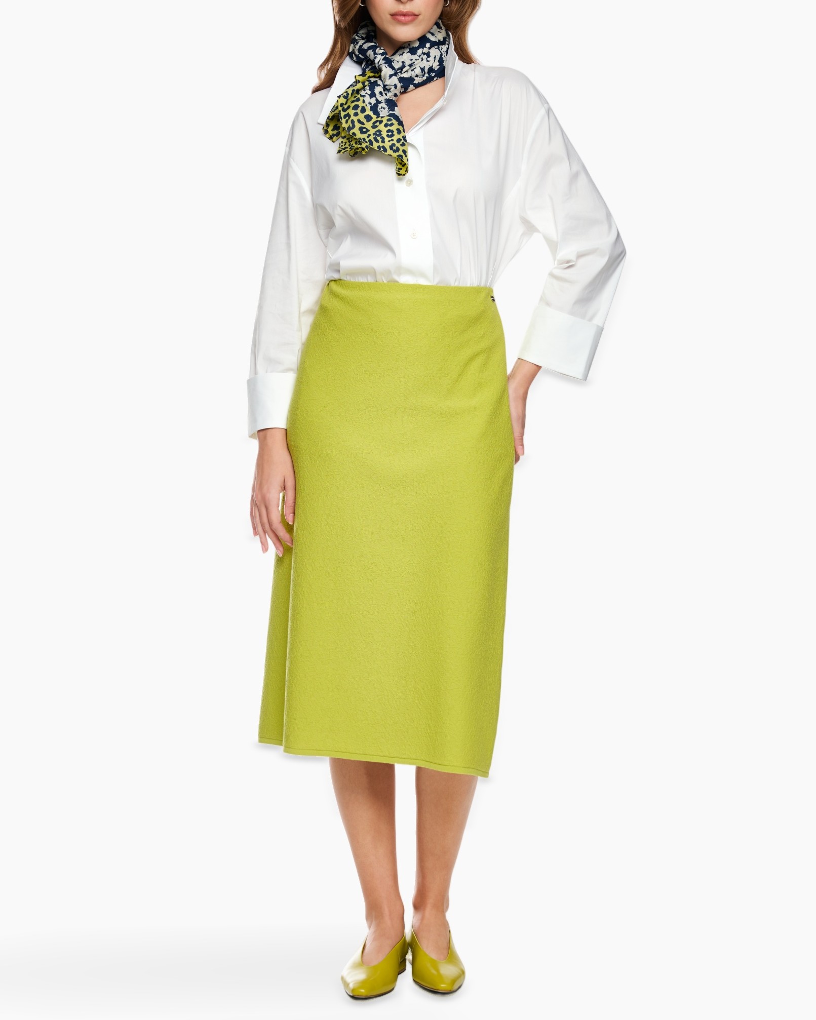 white shirt, lime skirt, long skirt, scarf accessory, leopard scarf
