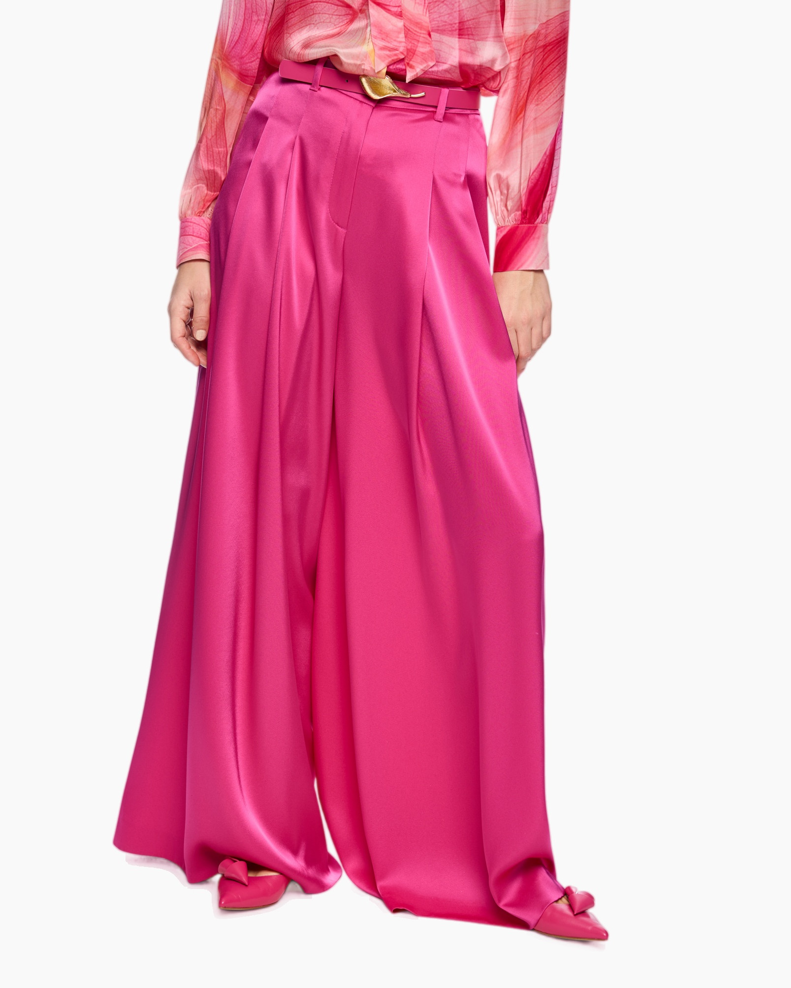 pink, wide-leg, pants, silk, belted