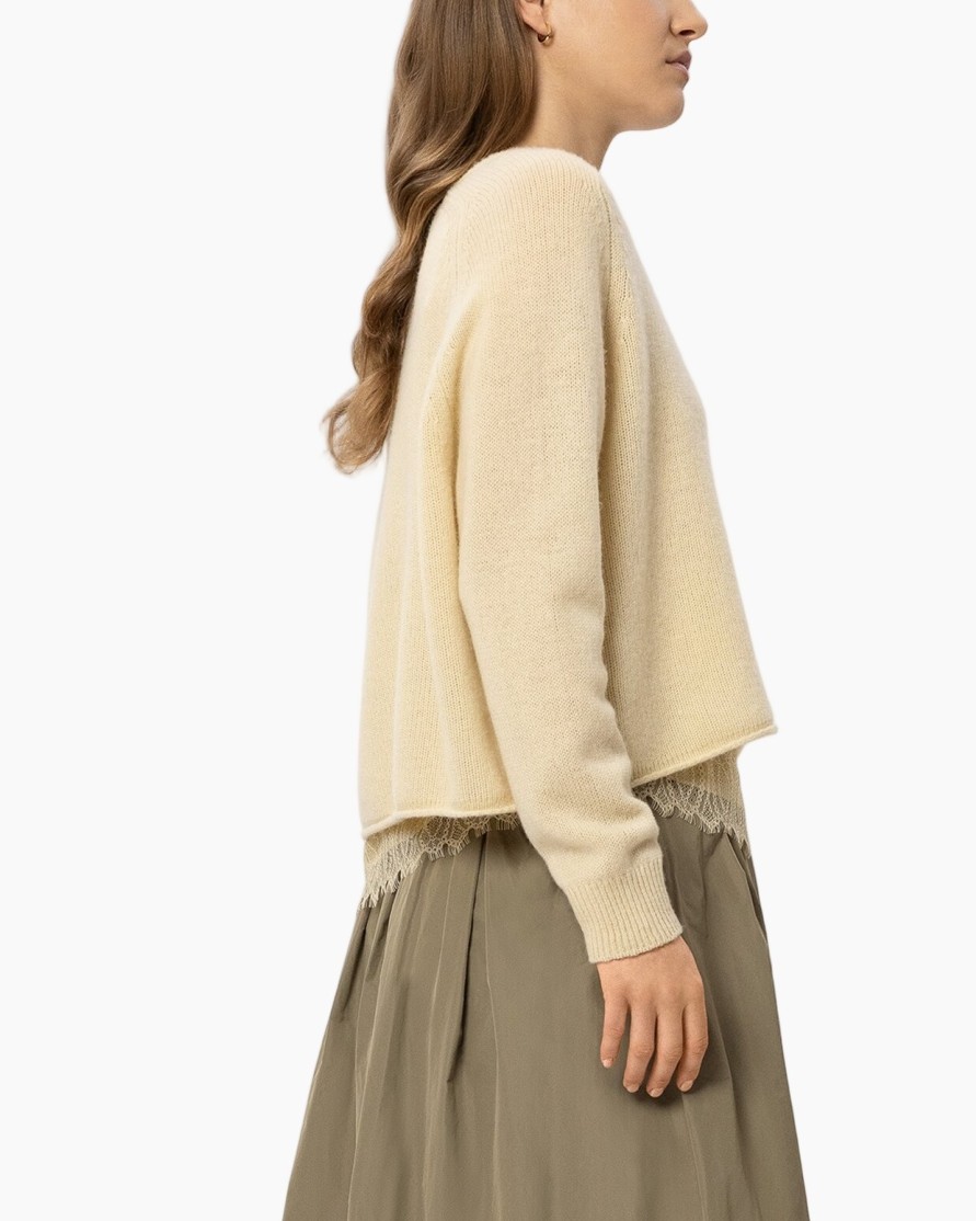cream sweater, knit sweater, long sleeve, lace hem, beige top