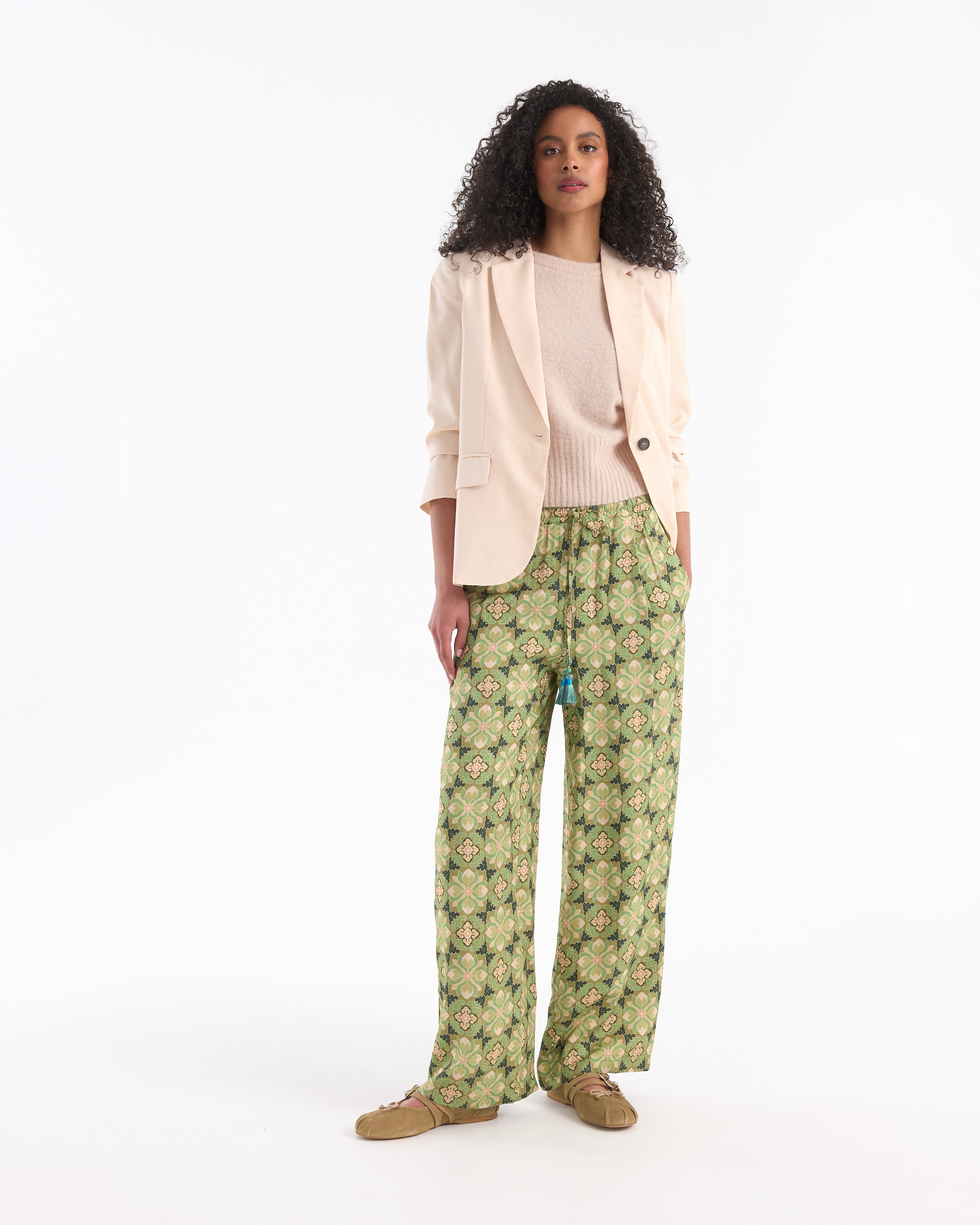 blazer, beige blazer, wide-leg pants, green patterned pants, neutral sweater