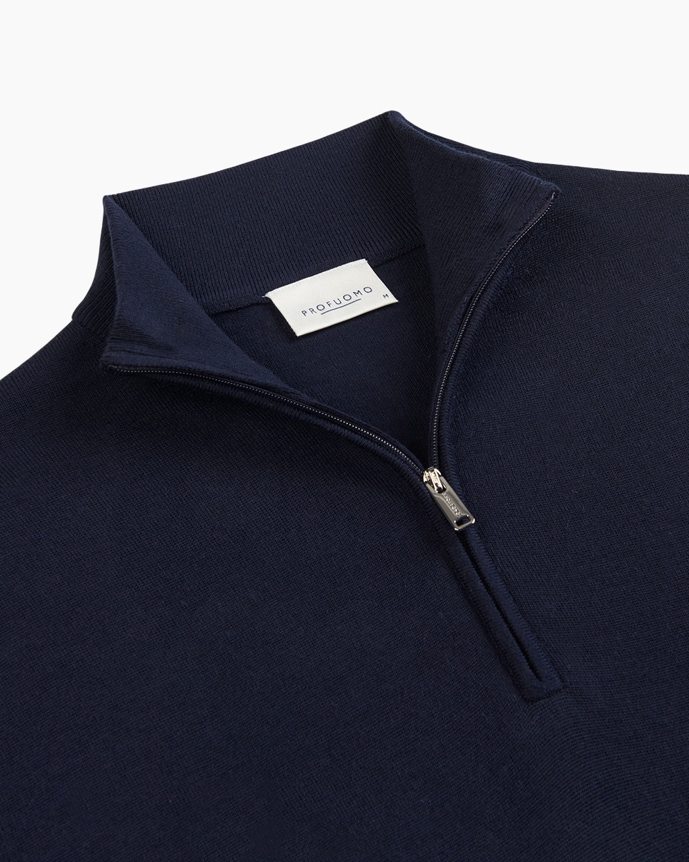 navy polo, half-zip, knit fabric, collar, zipped placket