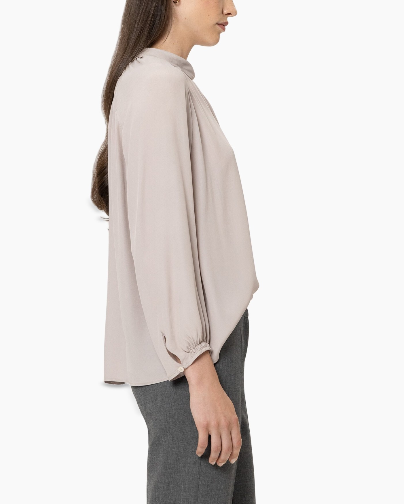 blouse, long-sleeve, high-neck, beige, loafer-stopper?