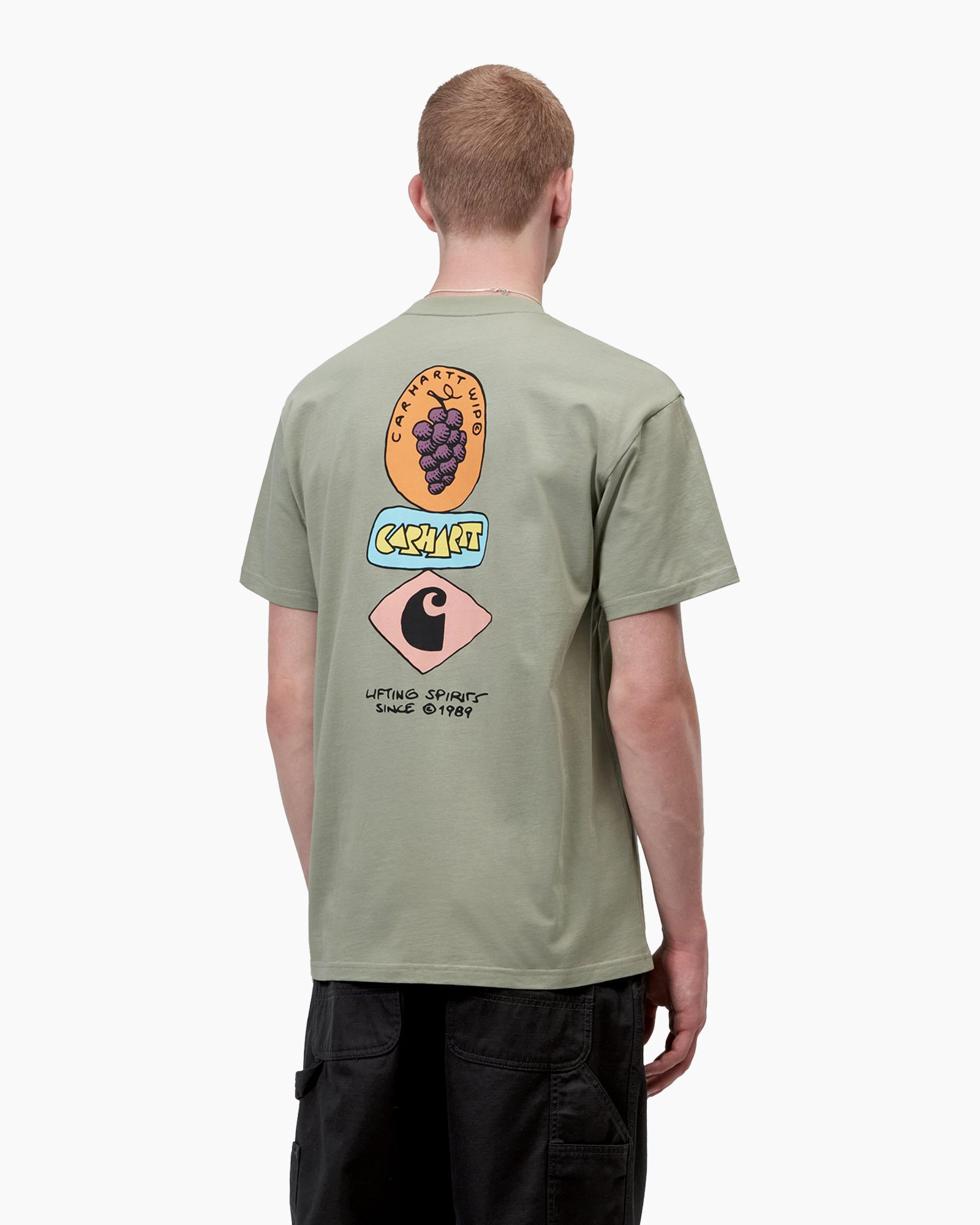 t-shirt, short sleeve, olive green, graphic patch, round neck