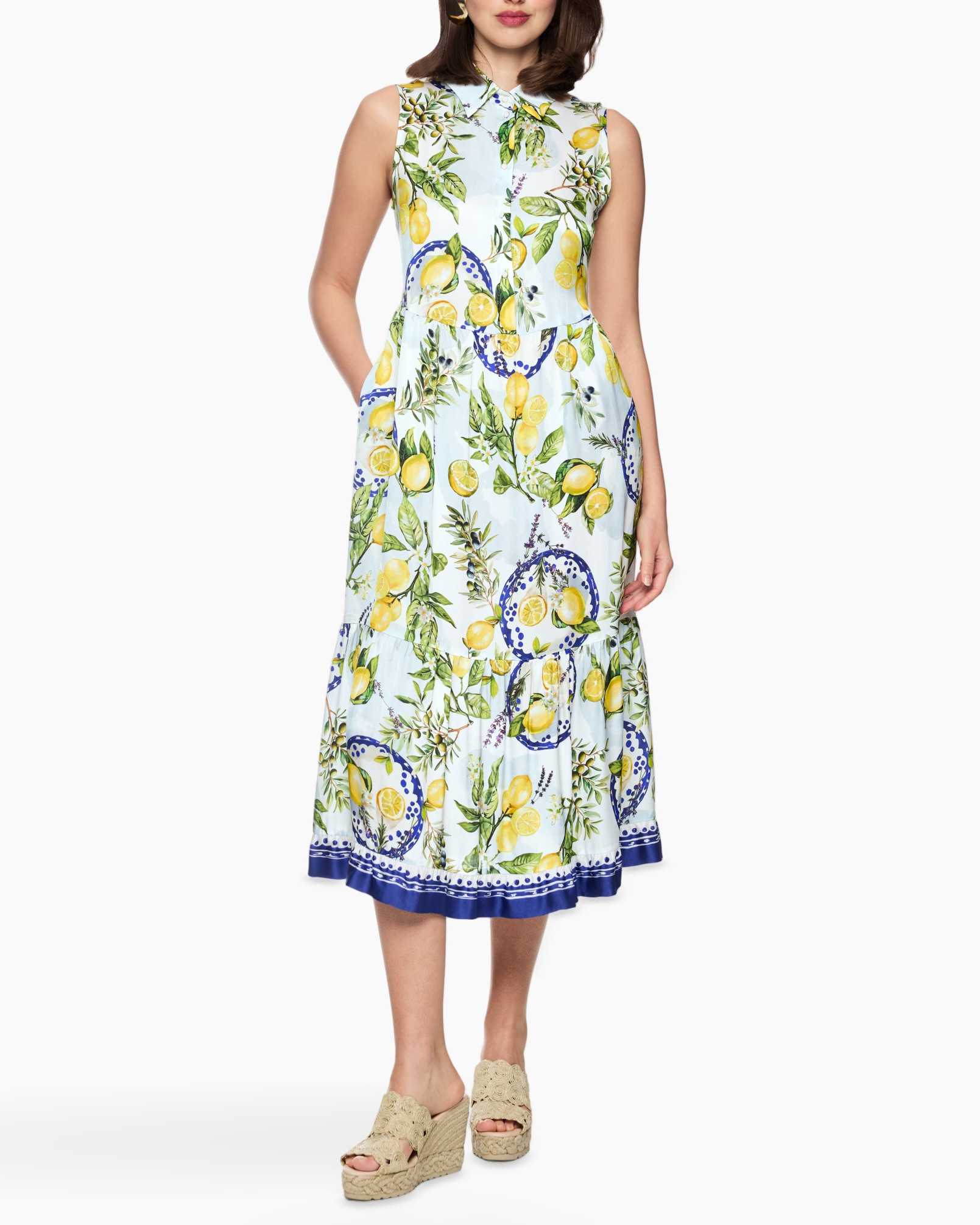 dress, maxi dress, sleeveless, lemon print, floral pattern