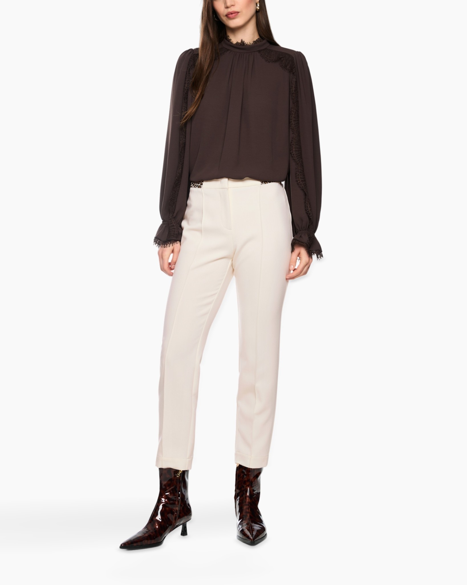 blouse, long-sleeve, sheer, ruffled, high-neck