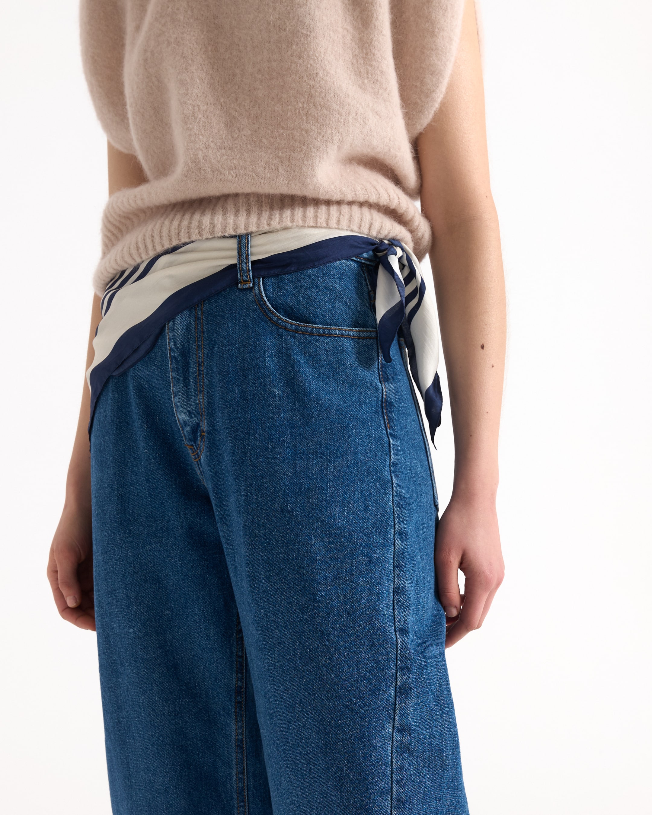 denim jeans, blue jeans, high waist, scarf belt, knit sweater