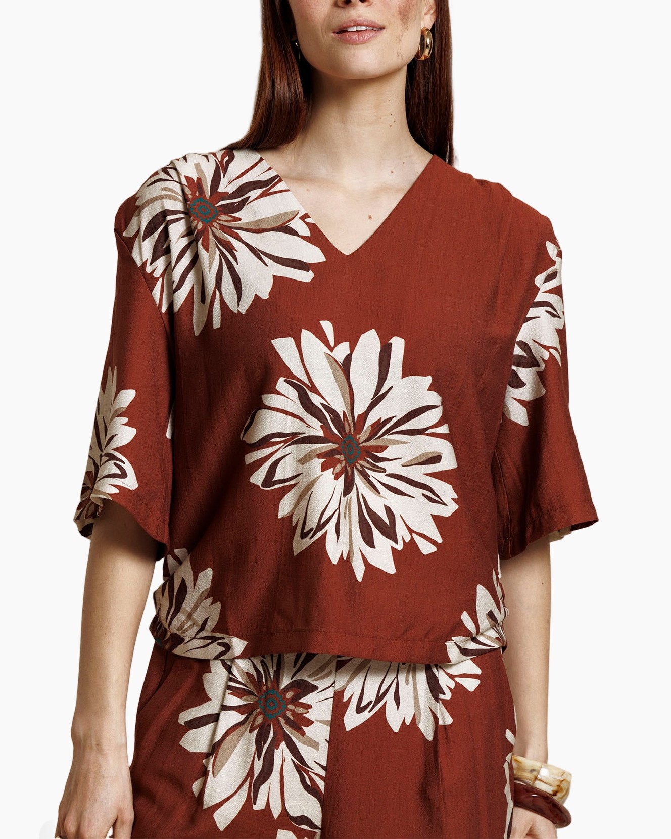 top, blouse, floral, print, rust