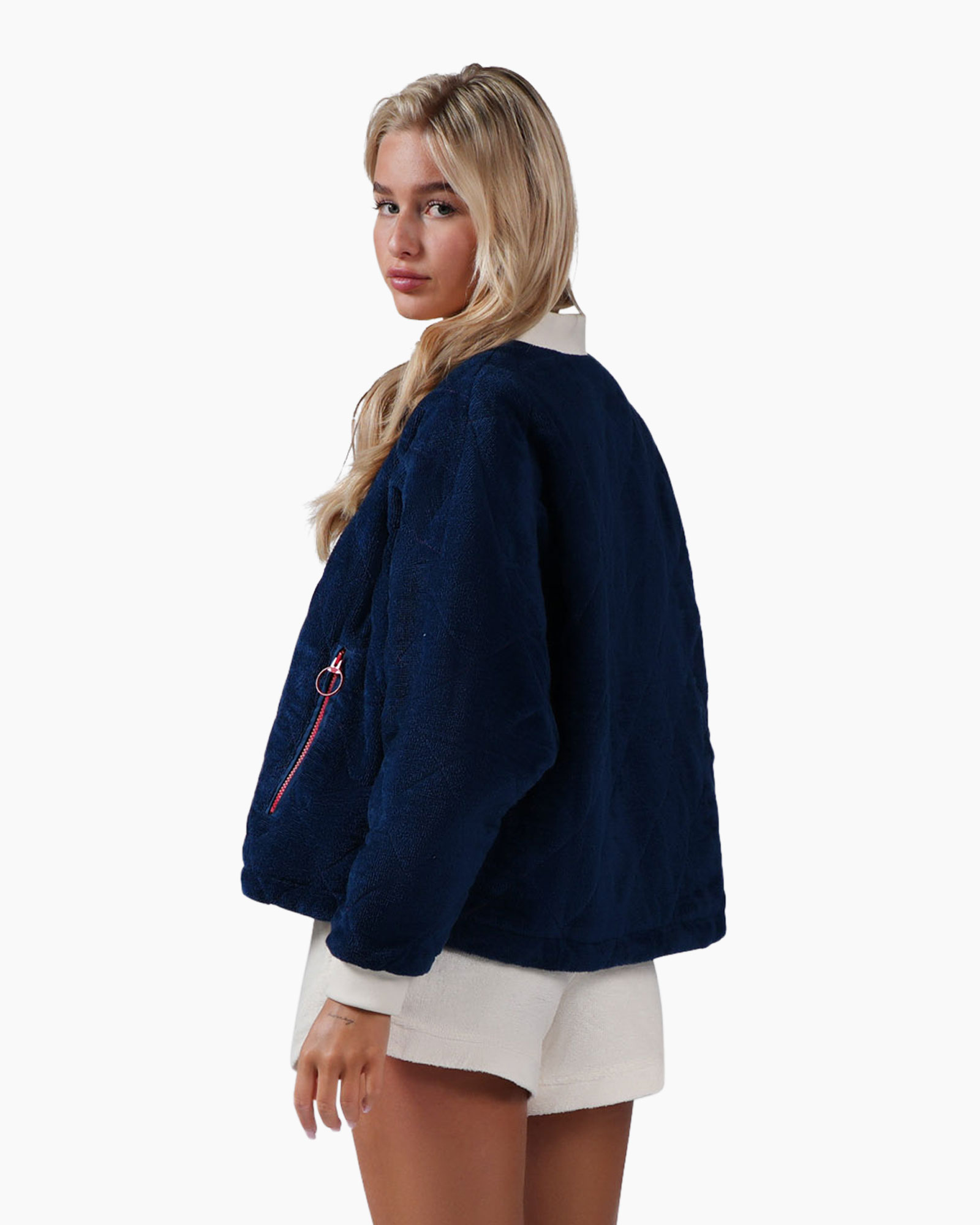 fleece jacket, navy blue, red zip, zippered pockets, drawstring hem