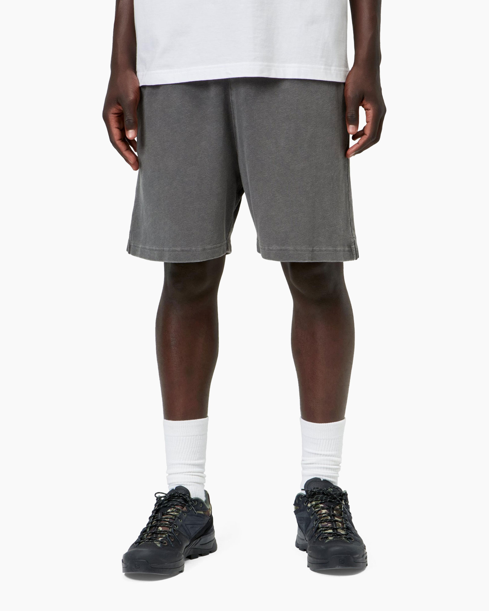 shorts, gray, athletic, knee-length, tapered fit