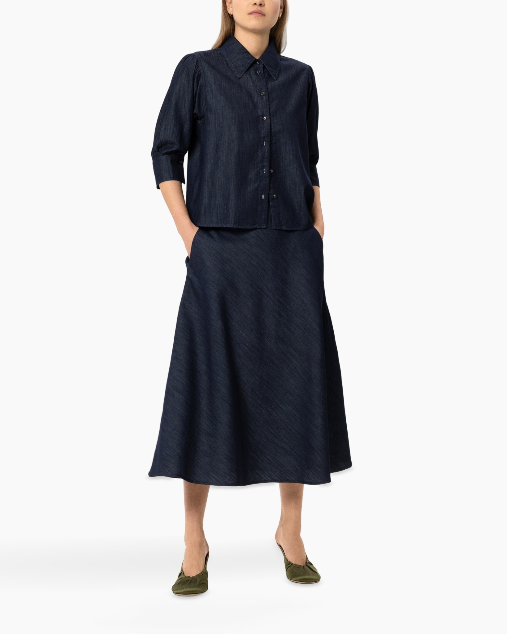 denim, button-down, collared, long skirt, pockets