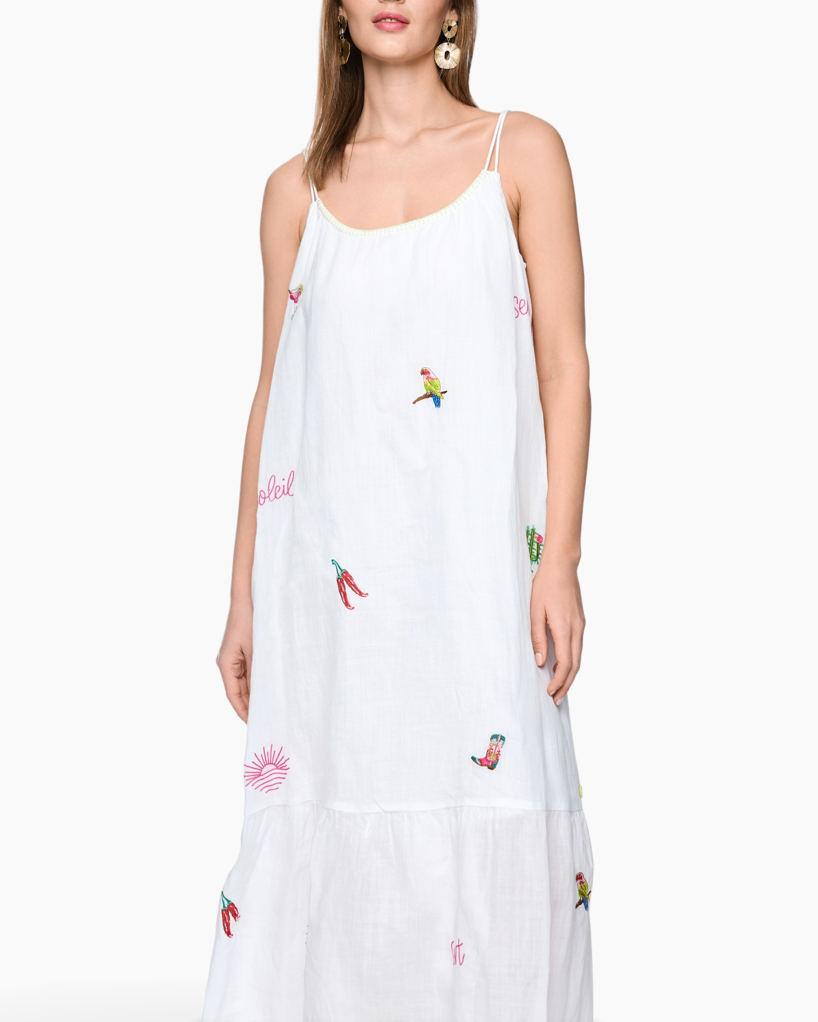white dress, embroidery, summer dress, sundress, spaghetti straps