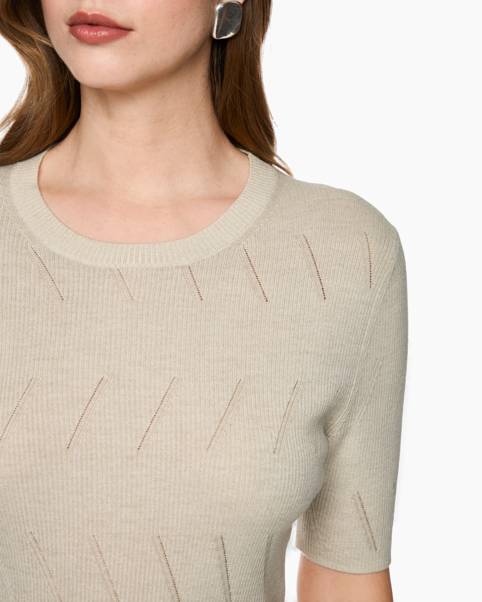 beige sweater, crew neck, short sleeve, knit top, diagonal stitch pattern