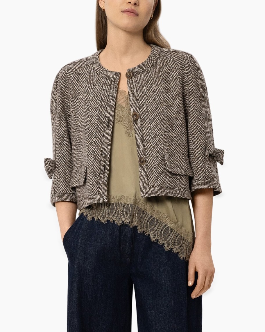 herringbone jacket, tweed jacket, buttoned cardigan, lace-trim top, neutral colors, herringbone jacket, woven jacket, buttoned cardigan, lace trim, neutral beige